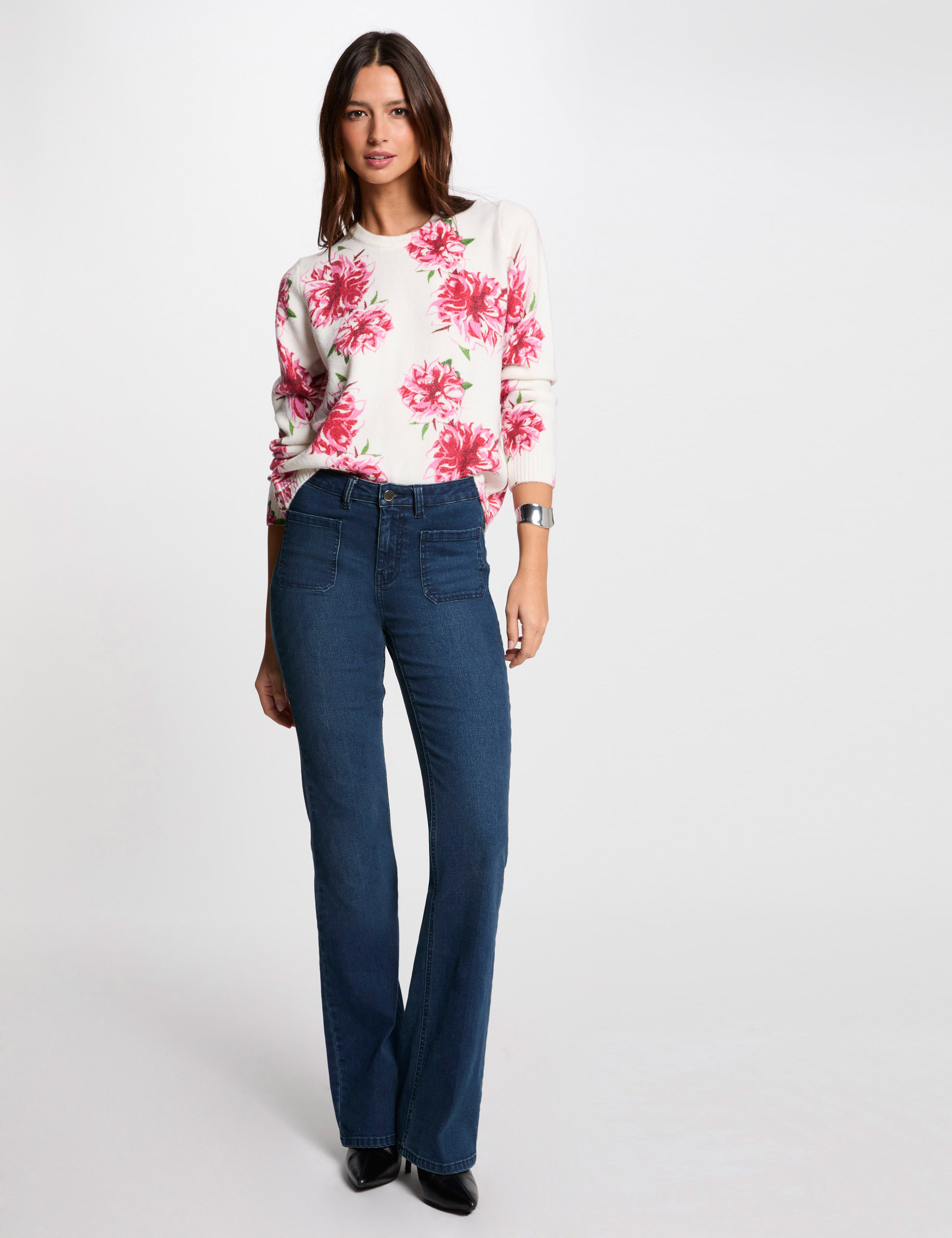 pull col rond imprime floral ivoire femme Pull col rond imprimé floral ivoire femme