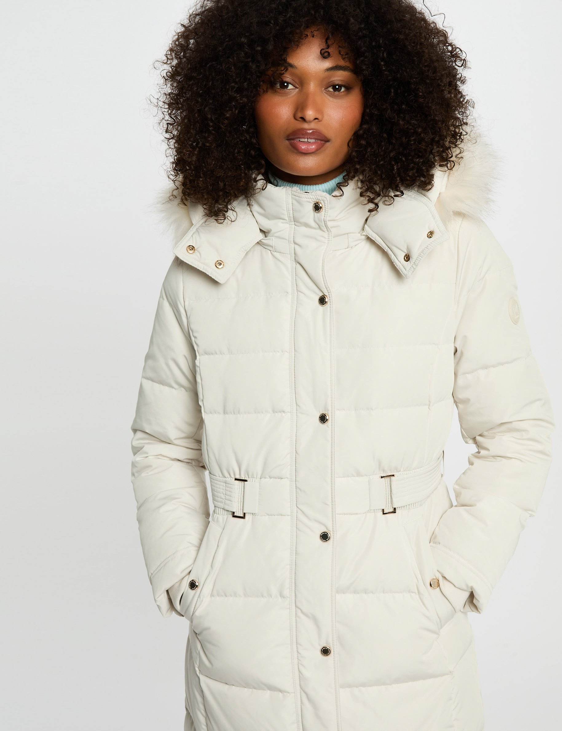 Long padded jacket with hood ivory women