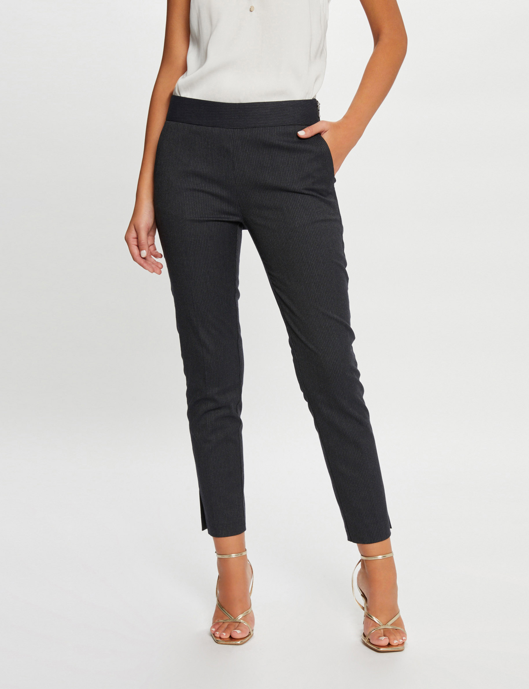 Cropped fitted trousers with stripes anthracite grey ladies' | Morgan