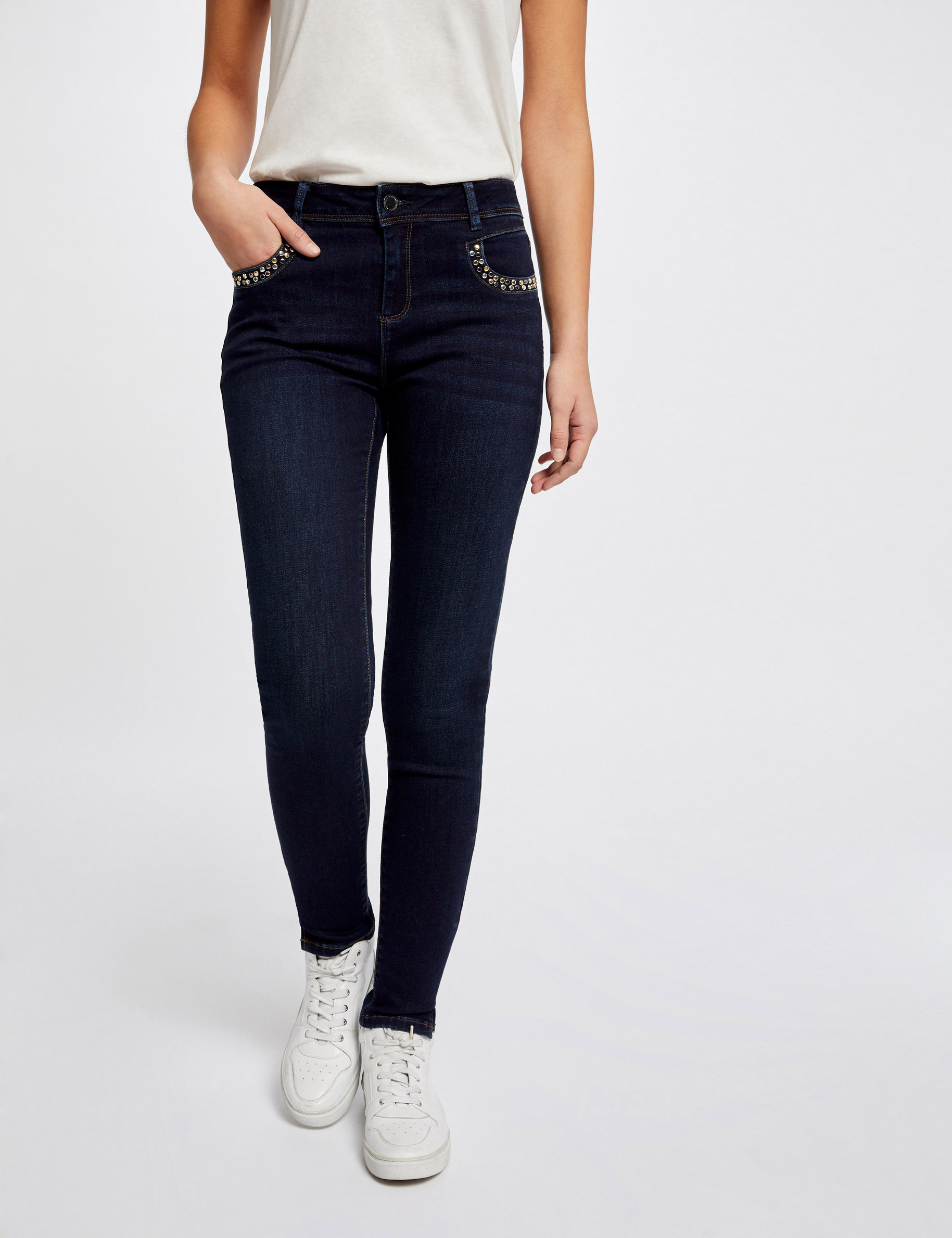 Slim jeans with studded pockets raw denim ladies'