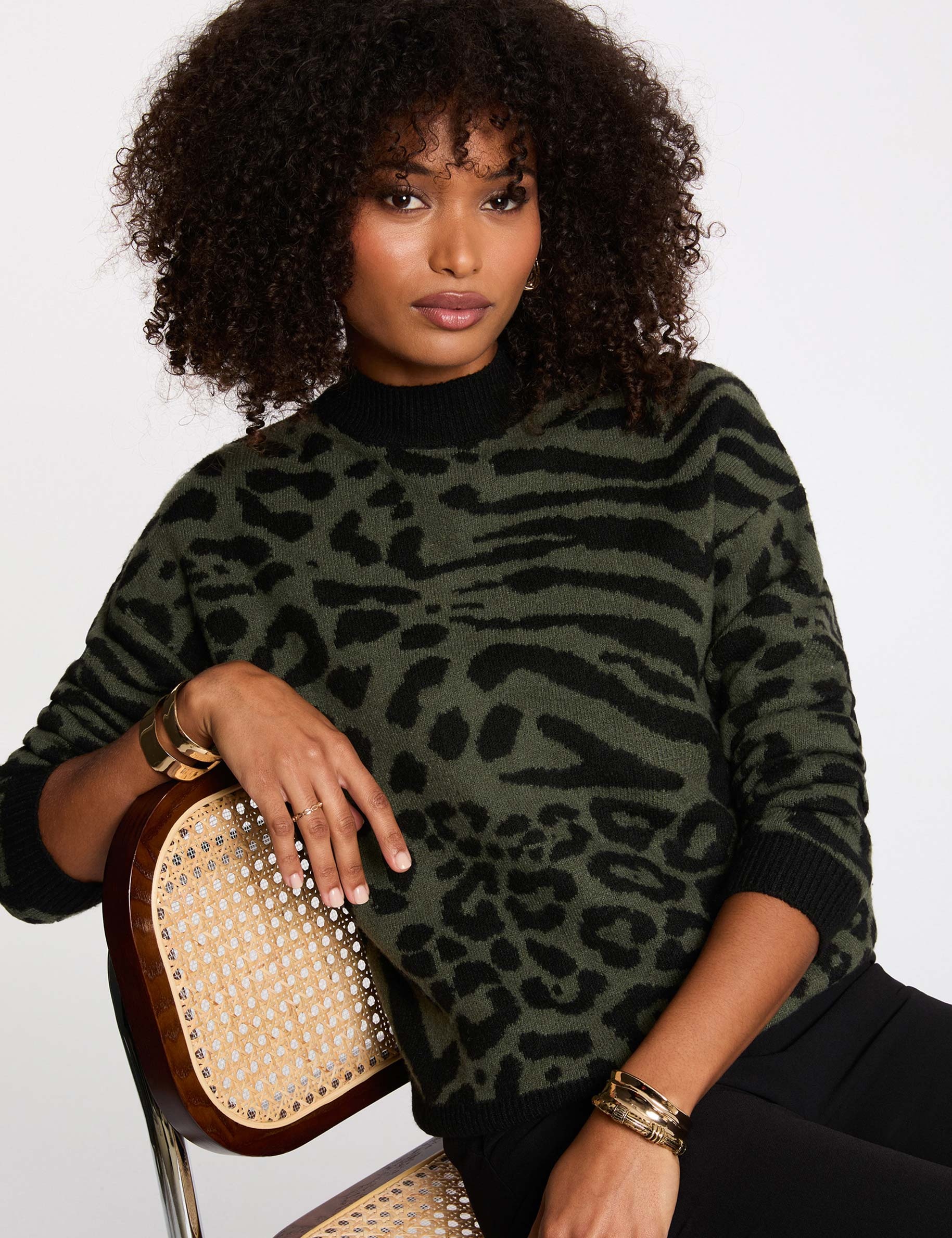 Cropped jacquard sweater khaki green women
