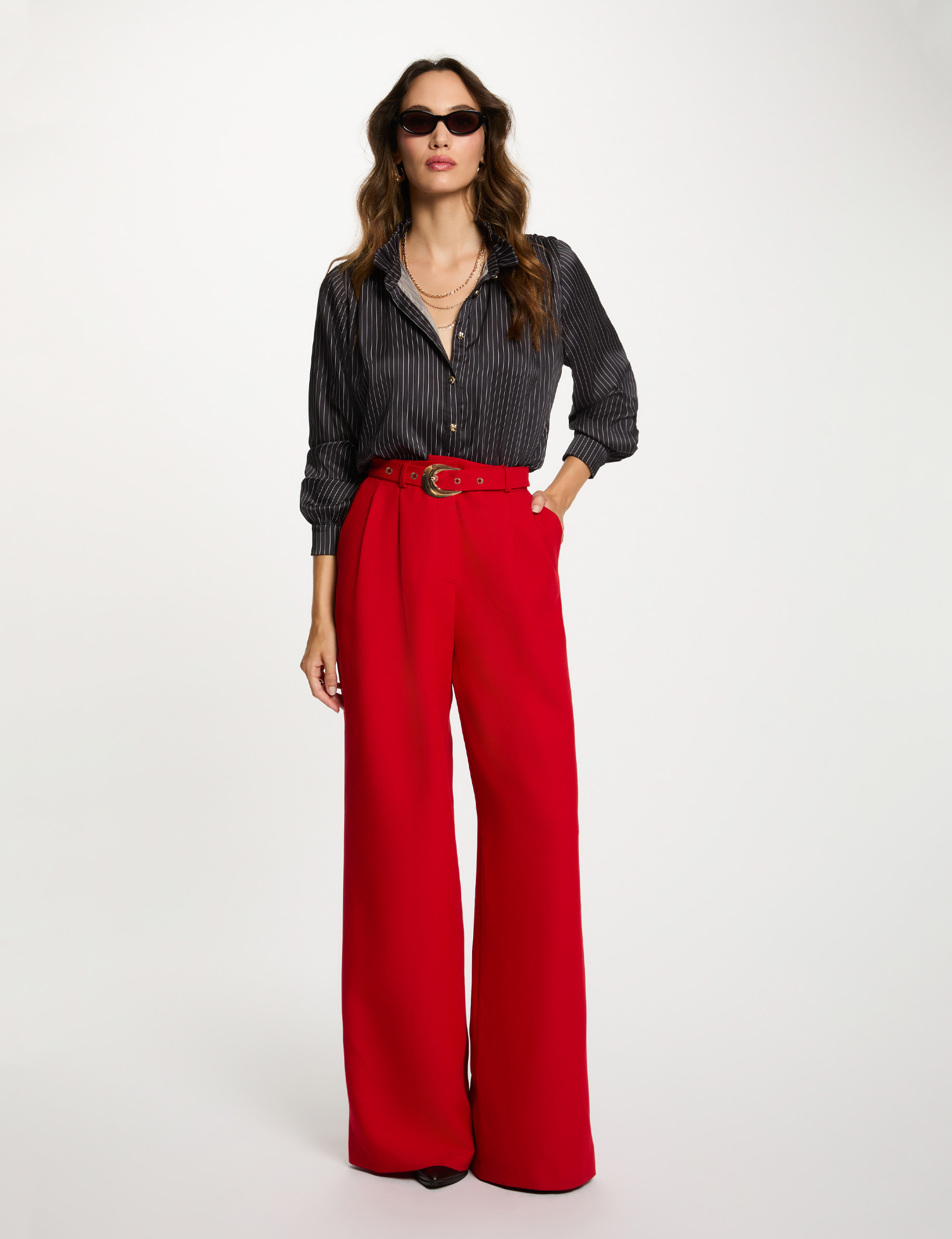 Pantalon large taille haute rouge femme
