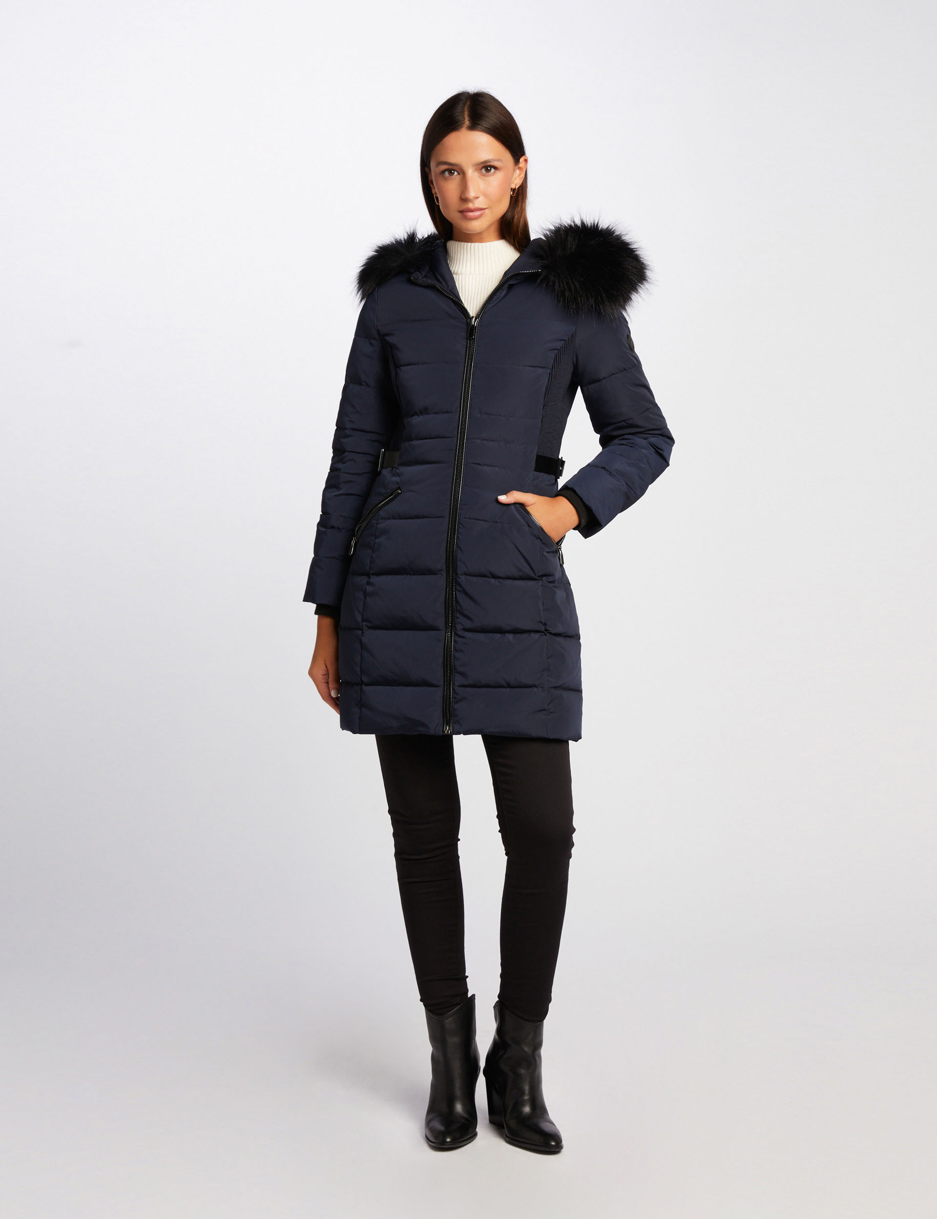 Waisted padded jacket with hood navy ladies