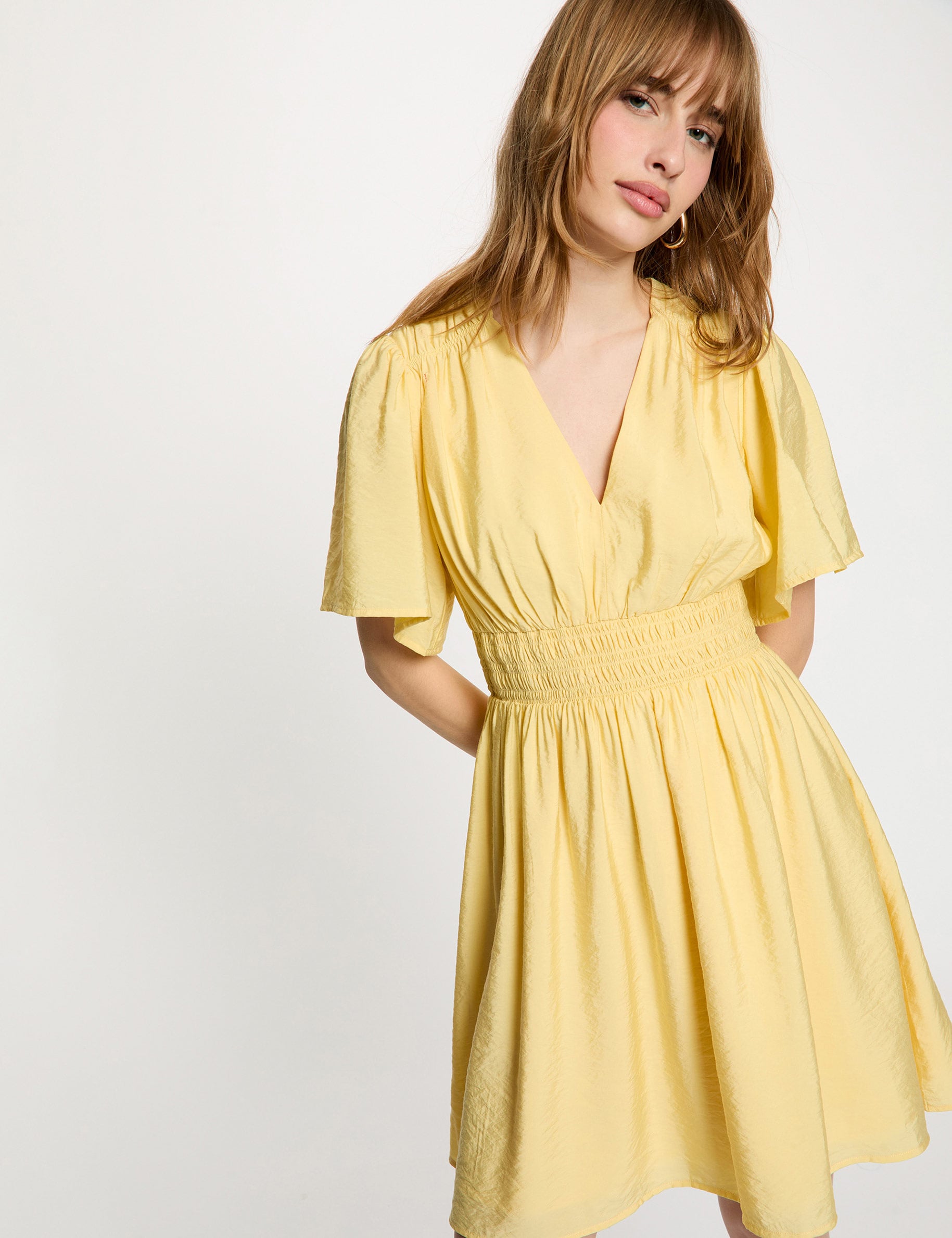 Pleated short dress light yellow women
