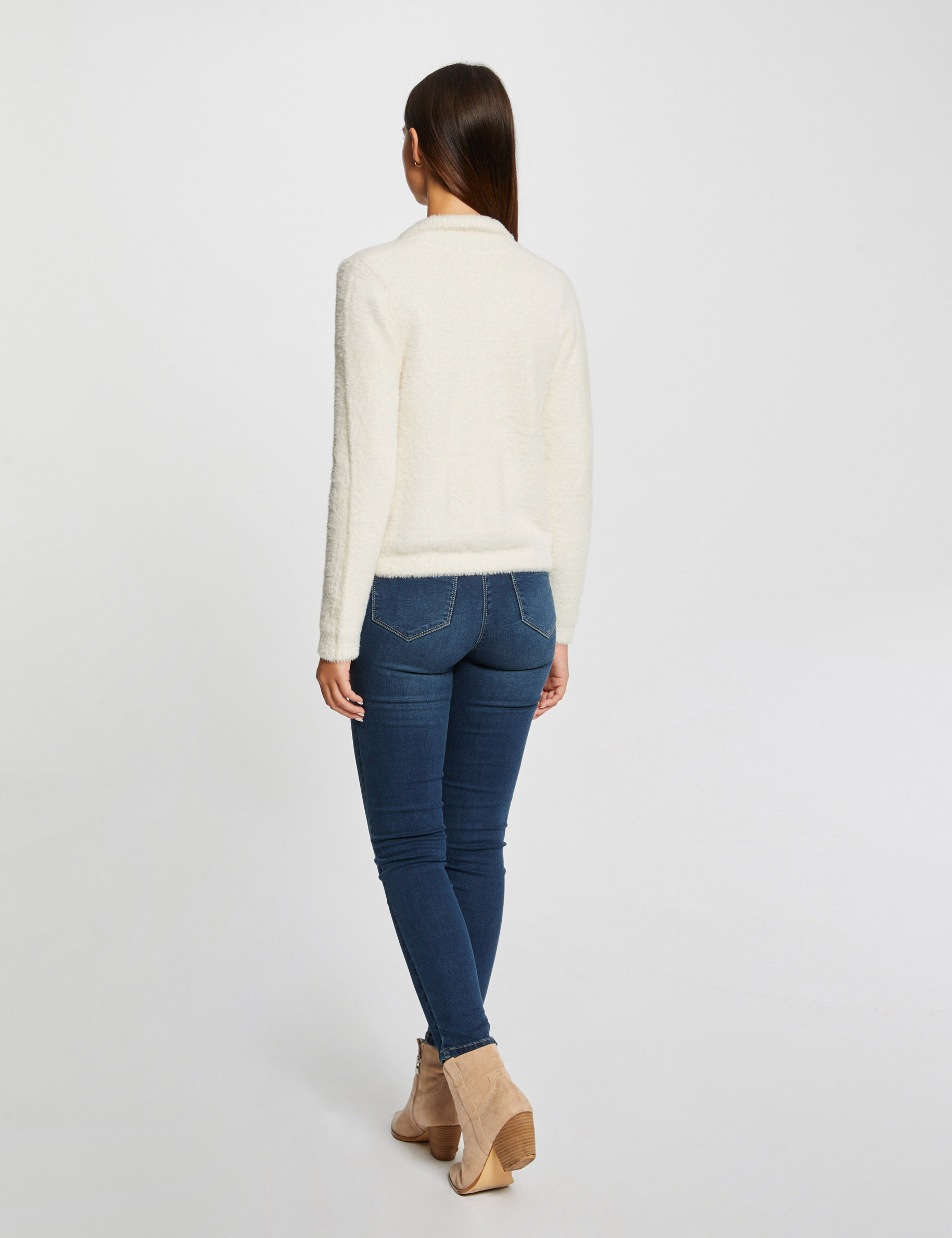 Zipped cardigan with fluffy knit ivory ladies' | Morgan