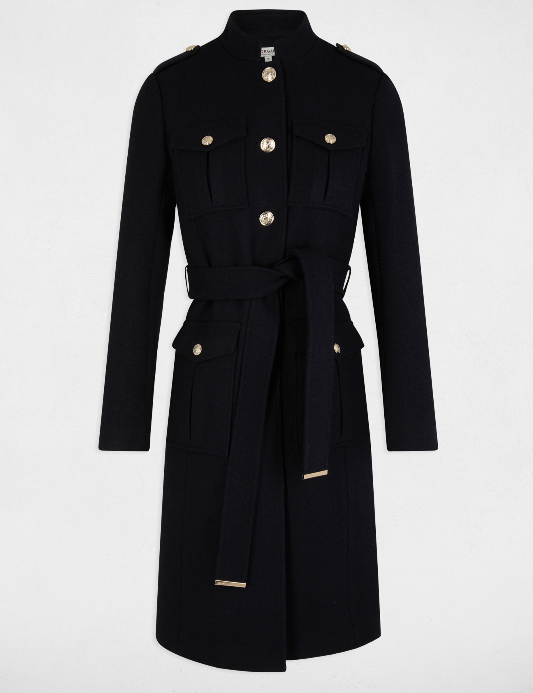 Belted long coat navy blue women