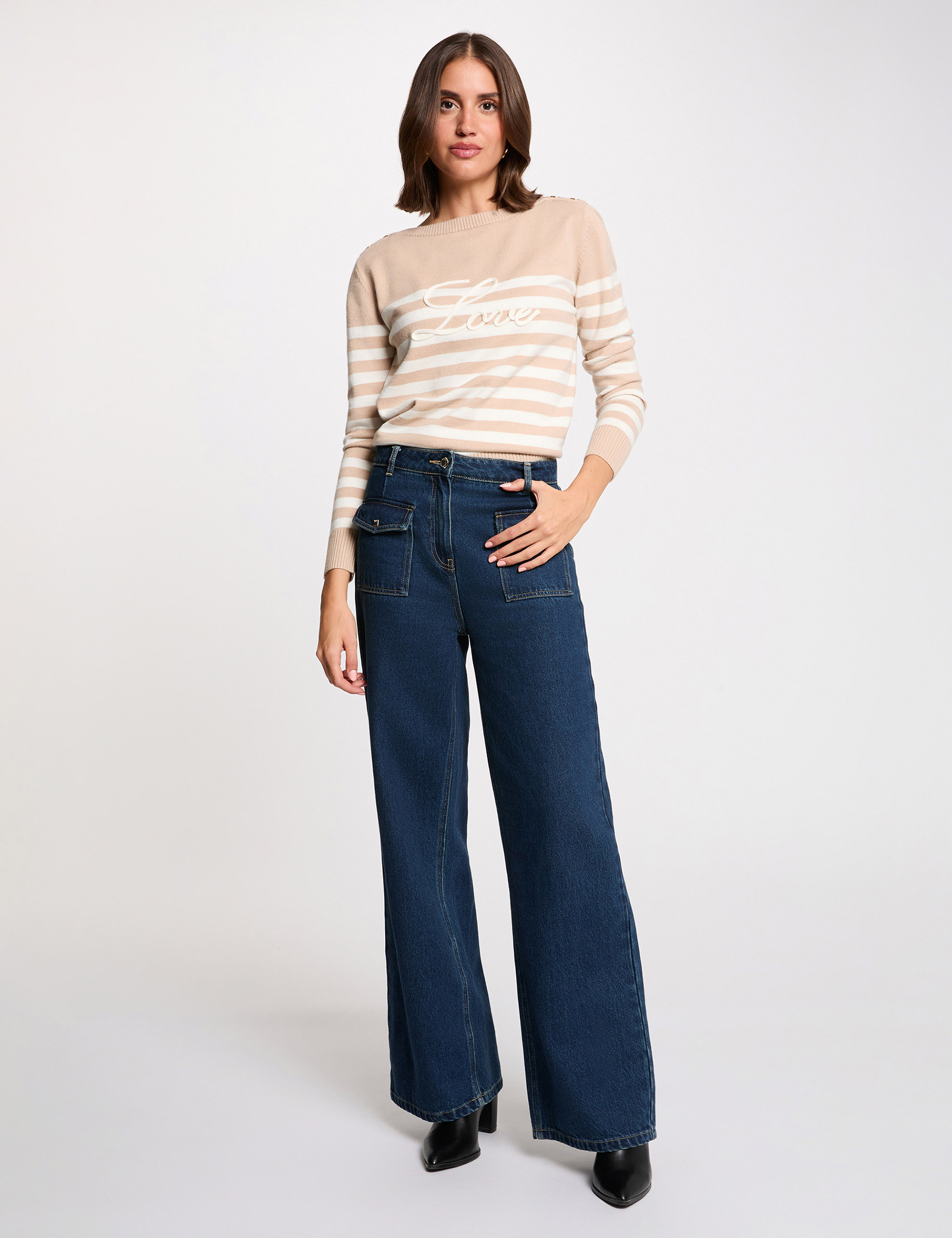 Striped embroidered sweater light brown women