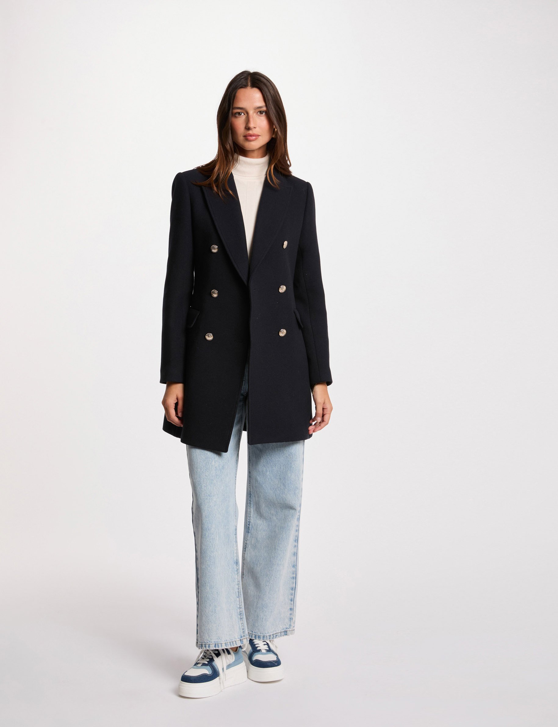 mi length coat with buttons navy blue women Mi-length coat with buttons navy blue women