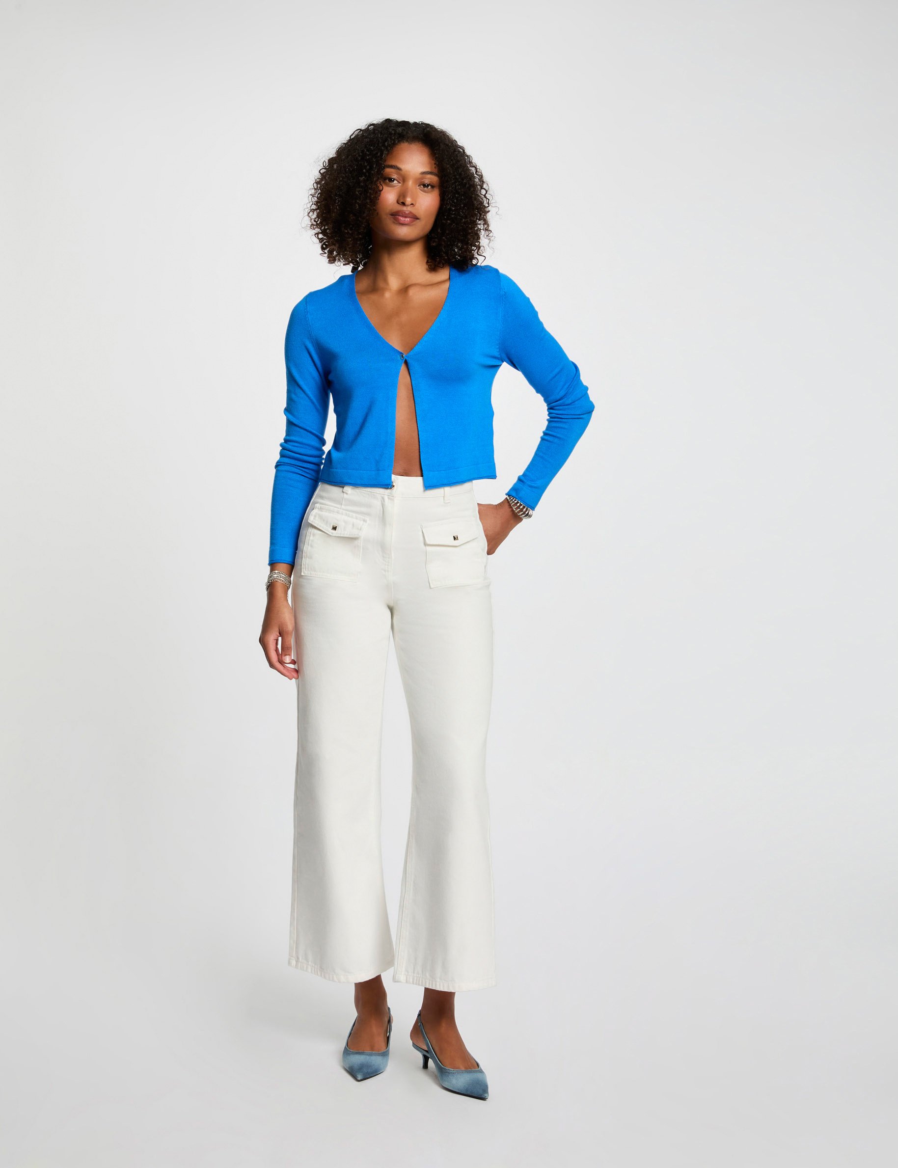 Long-sleeved cardigan with V-neck electric blue women