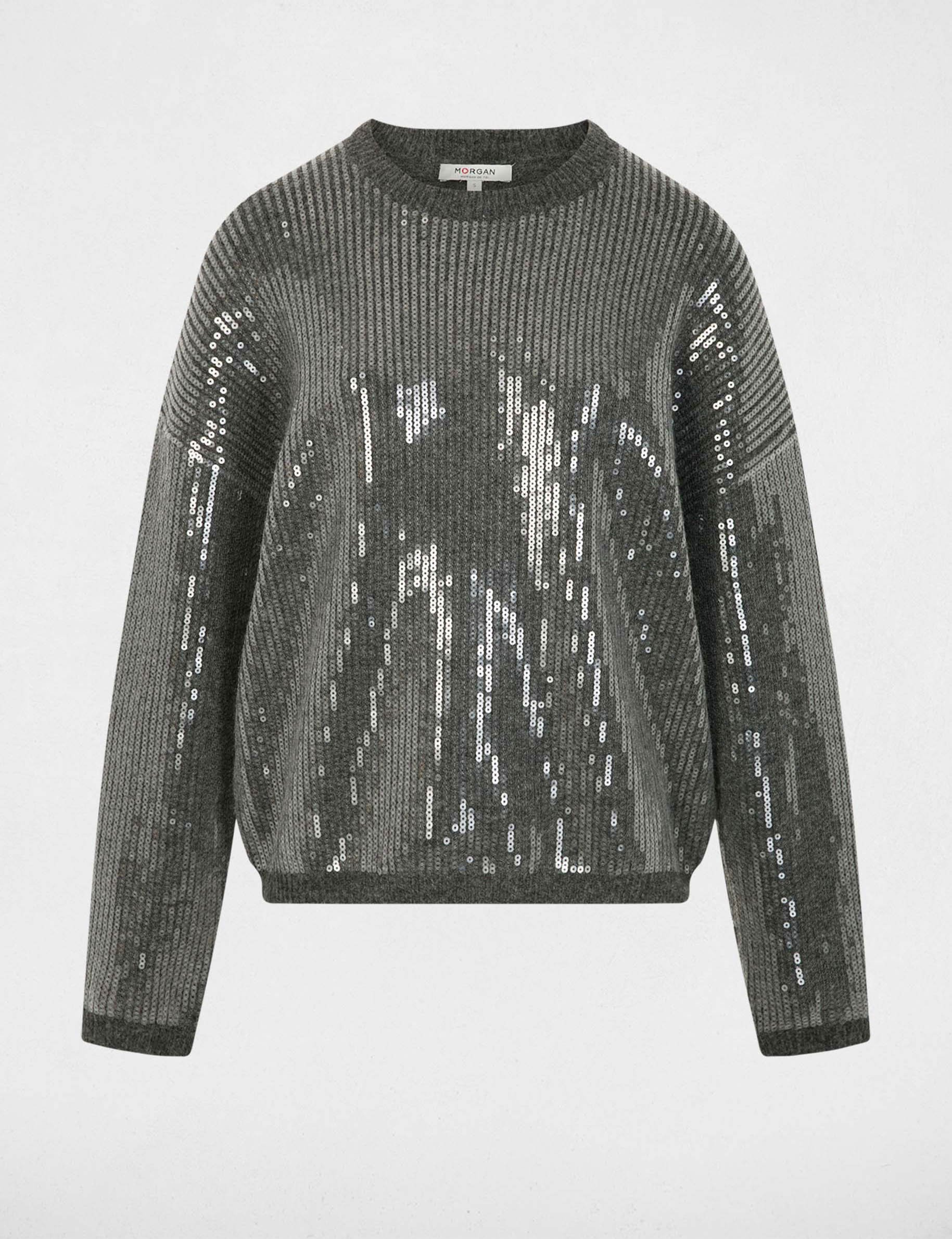 Sequin sweater with round neck dark grey women