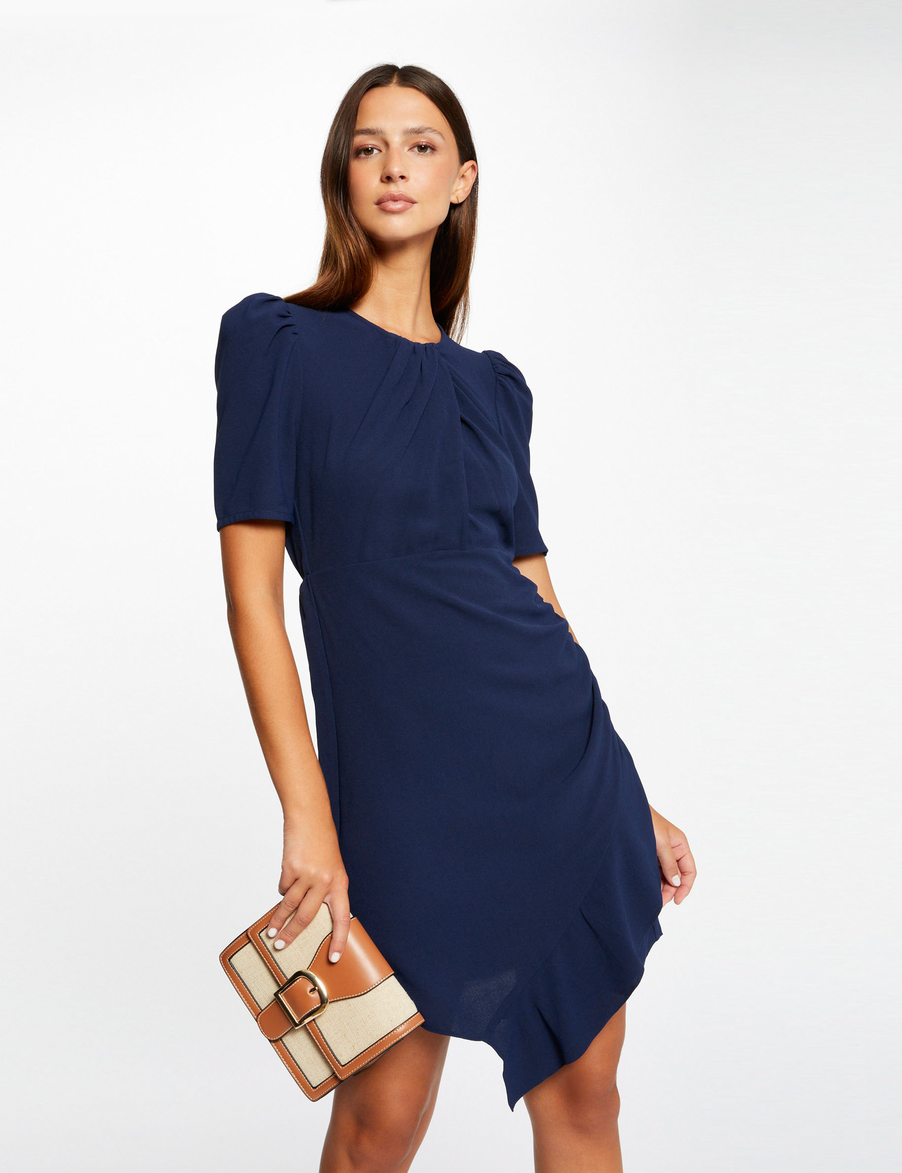 Straight draped dress with short sleeves navy ladies Morgan