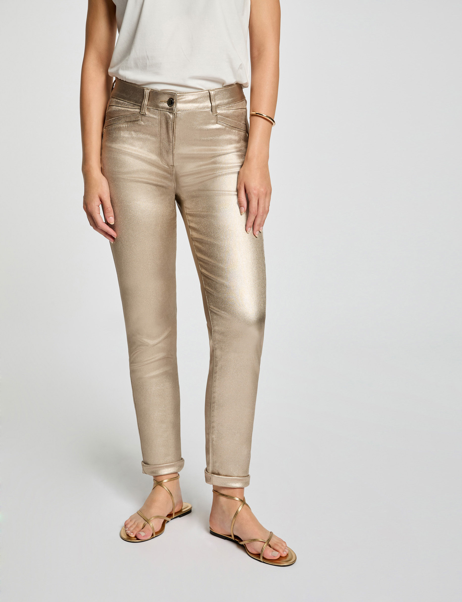 fitted trousers wet effect gold women Fitted trousers wet effect gold women