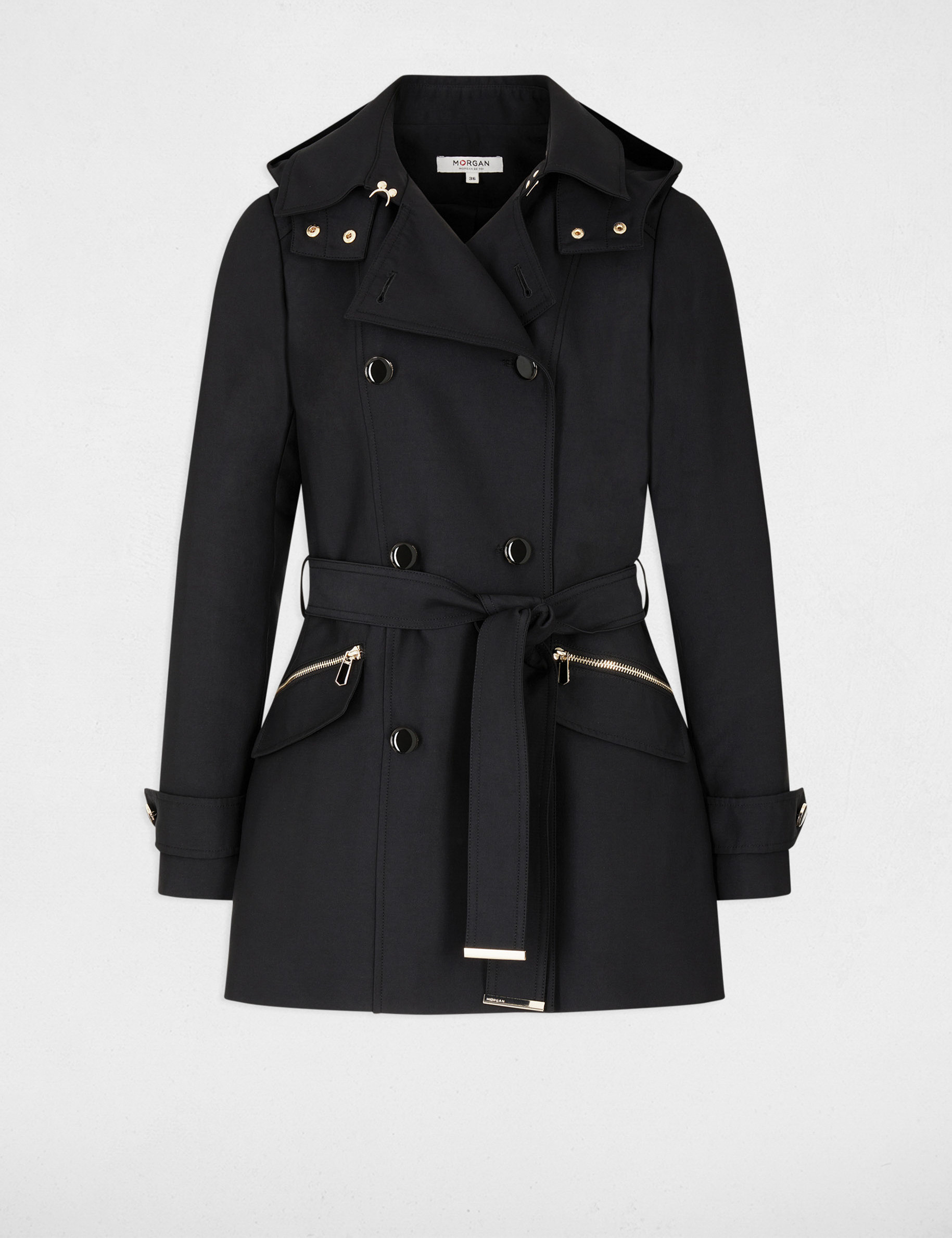 Waisted belted trenchcoat with hood black ladies'