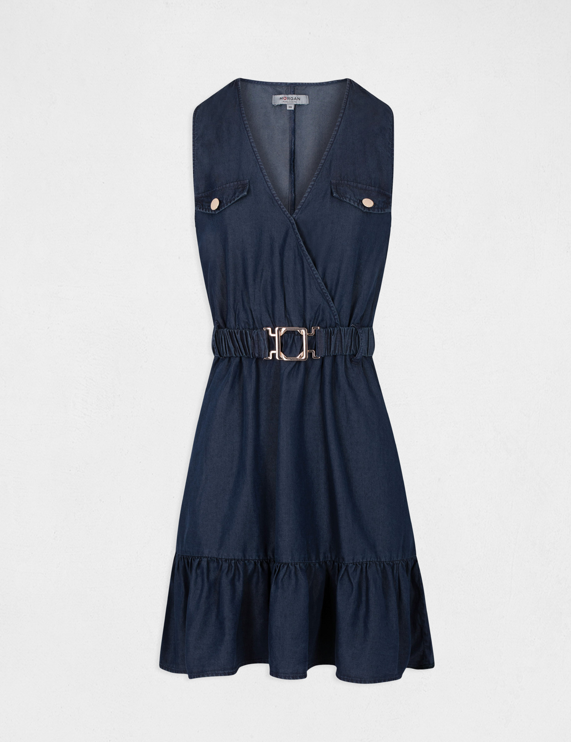 Belted sleeveless straight dress raw denim ladies' Belted sleeveless straight dress raw denim ladies'