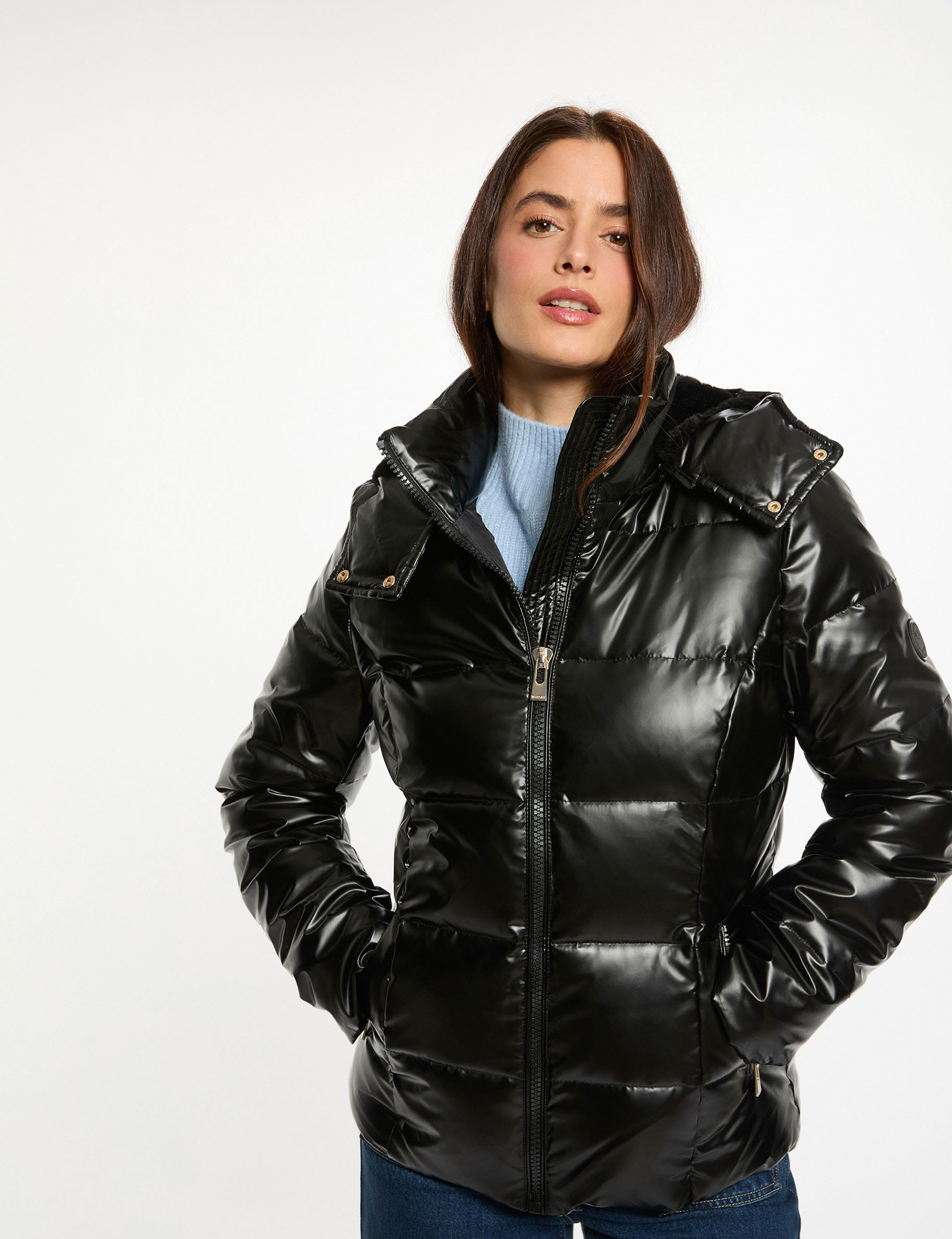 Shiny cropped puffer jacket black women