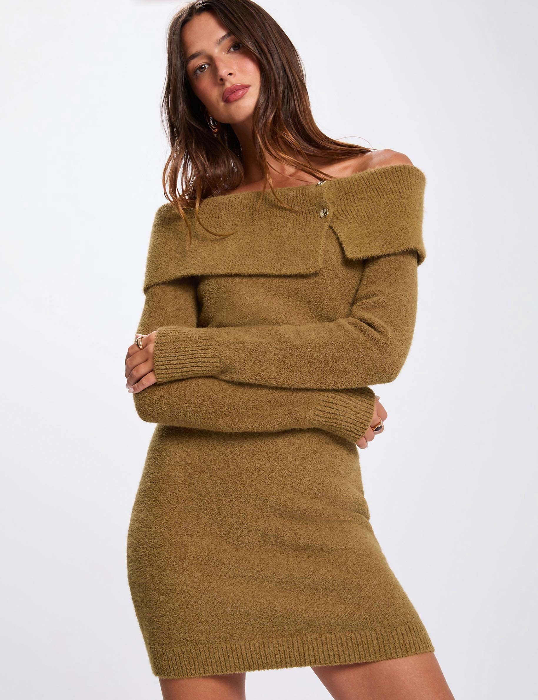 short off the shoulder dress camel women Short off-the-shoulder dress camel women
