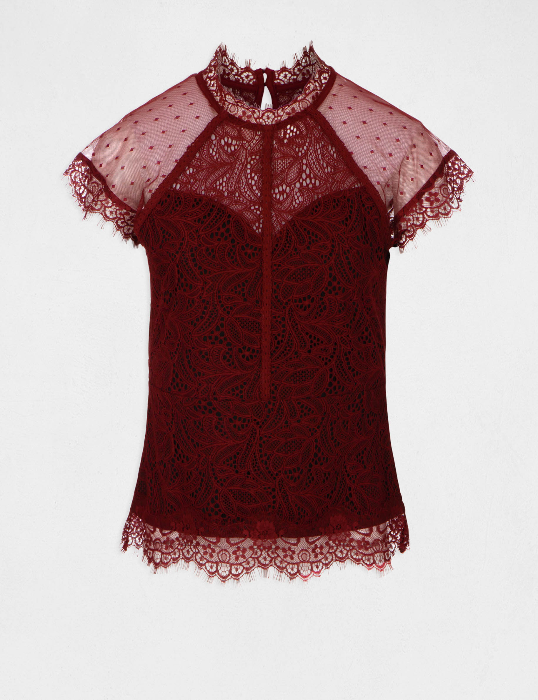 Dobby spot and lace blouse burgundy ladies'