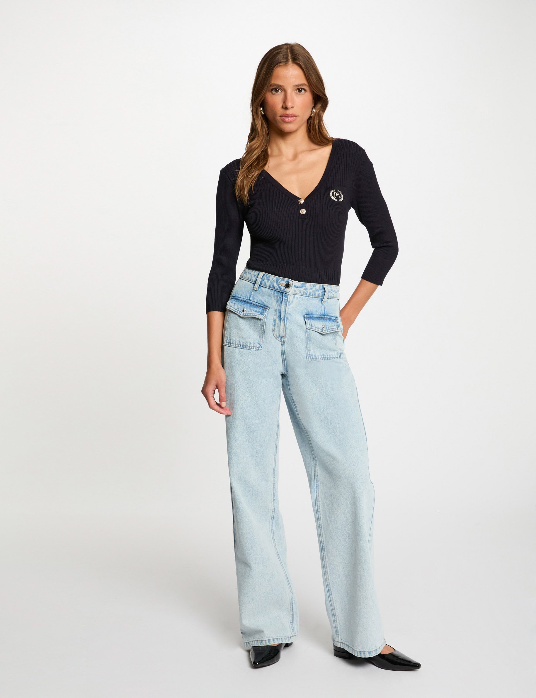 pull col en v cotele bleu marine femme Pull col en V côtelé bleu marine femme