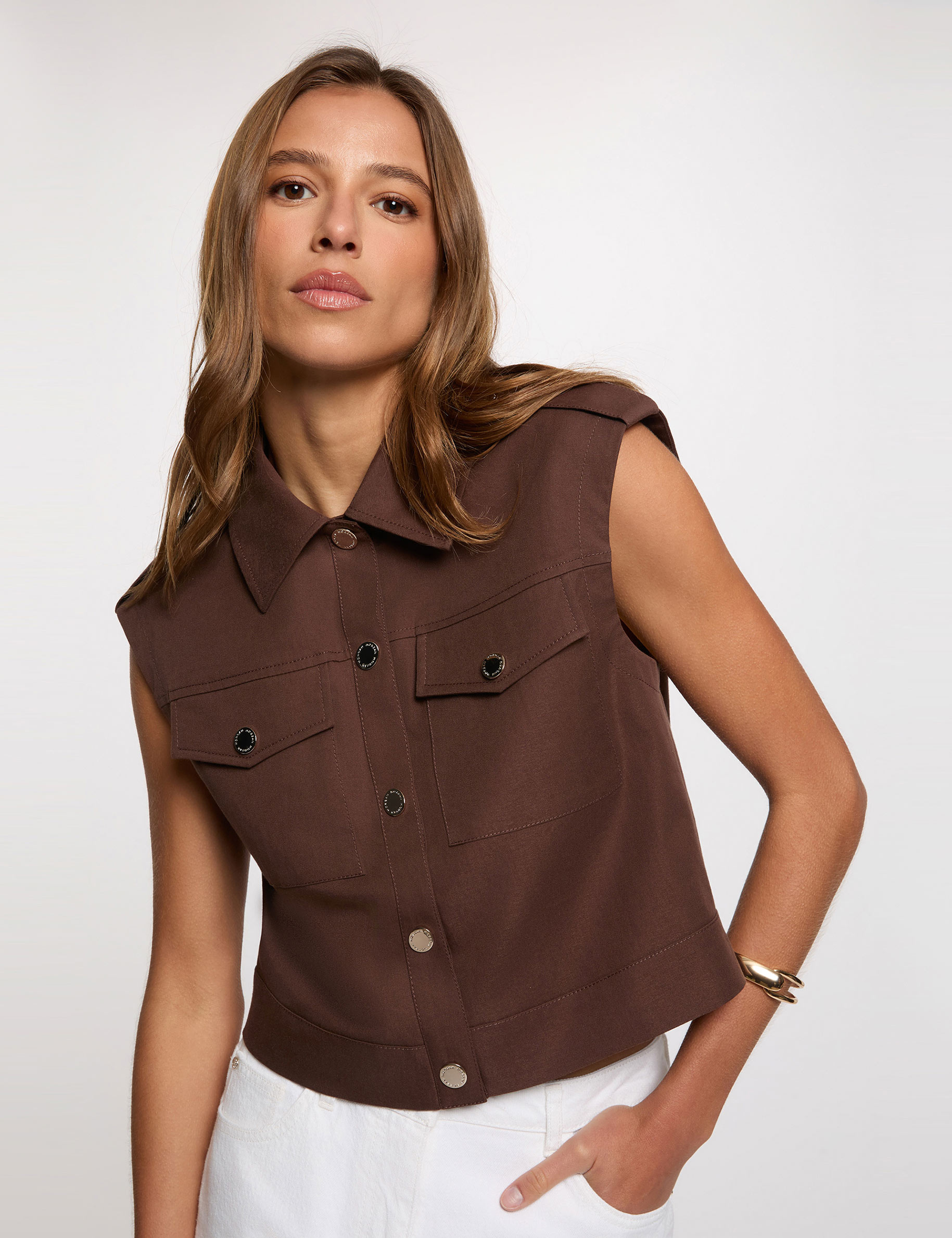 Sleeveless cropped jacket dark brown women