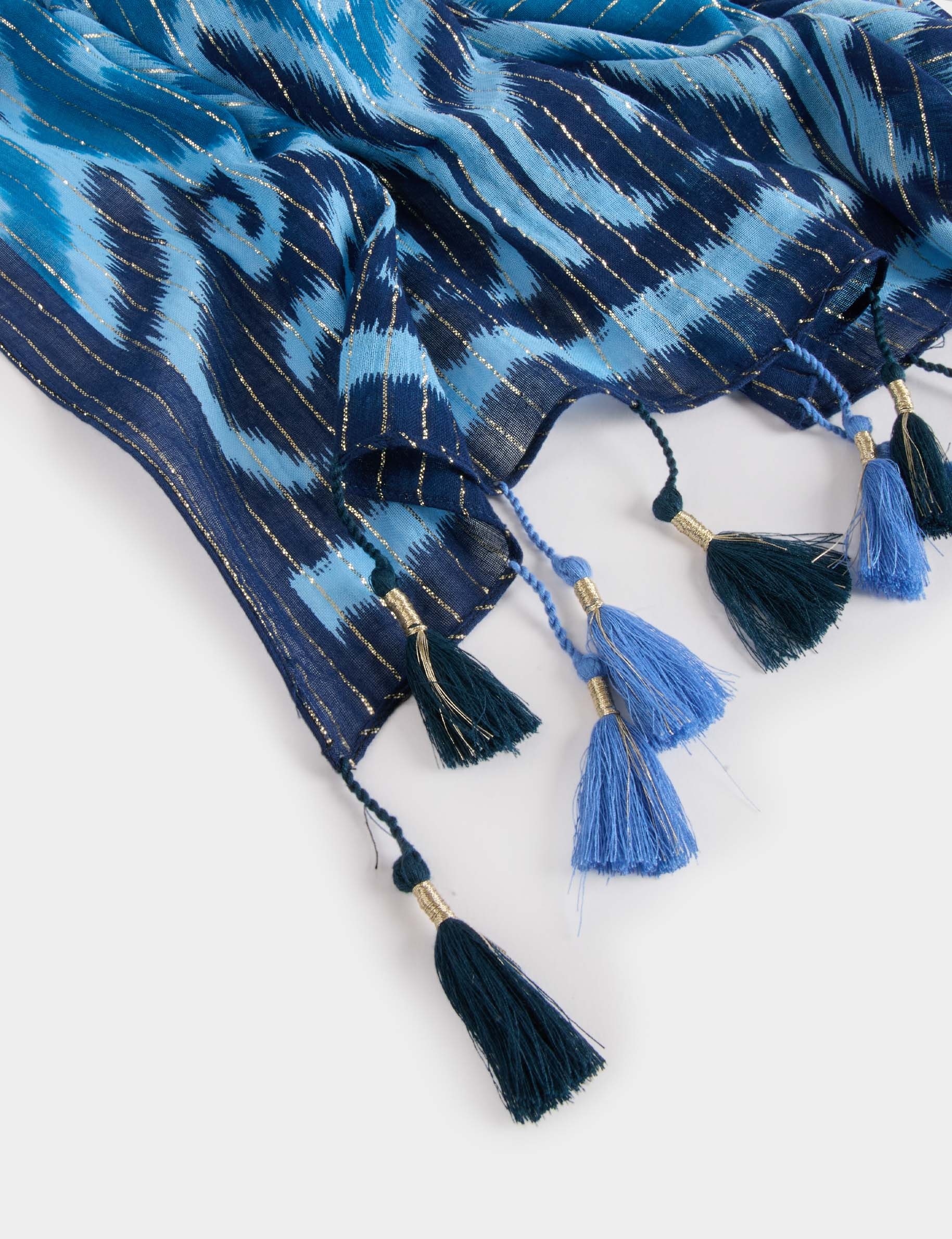 printed scarf with pom poms blue women Printed scarf with pom-poms blue women