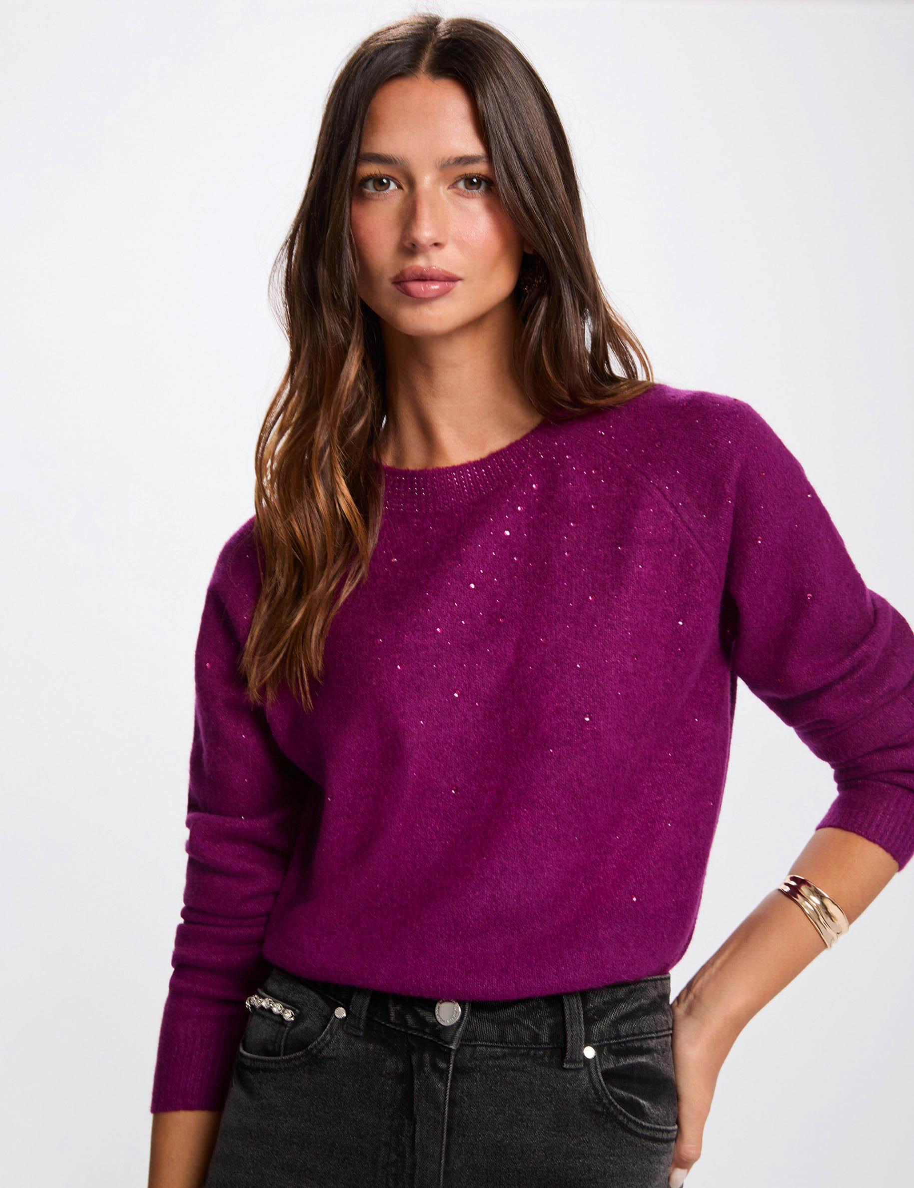 Pull ajusté strass violet femme