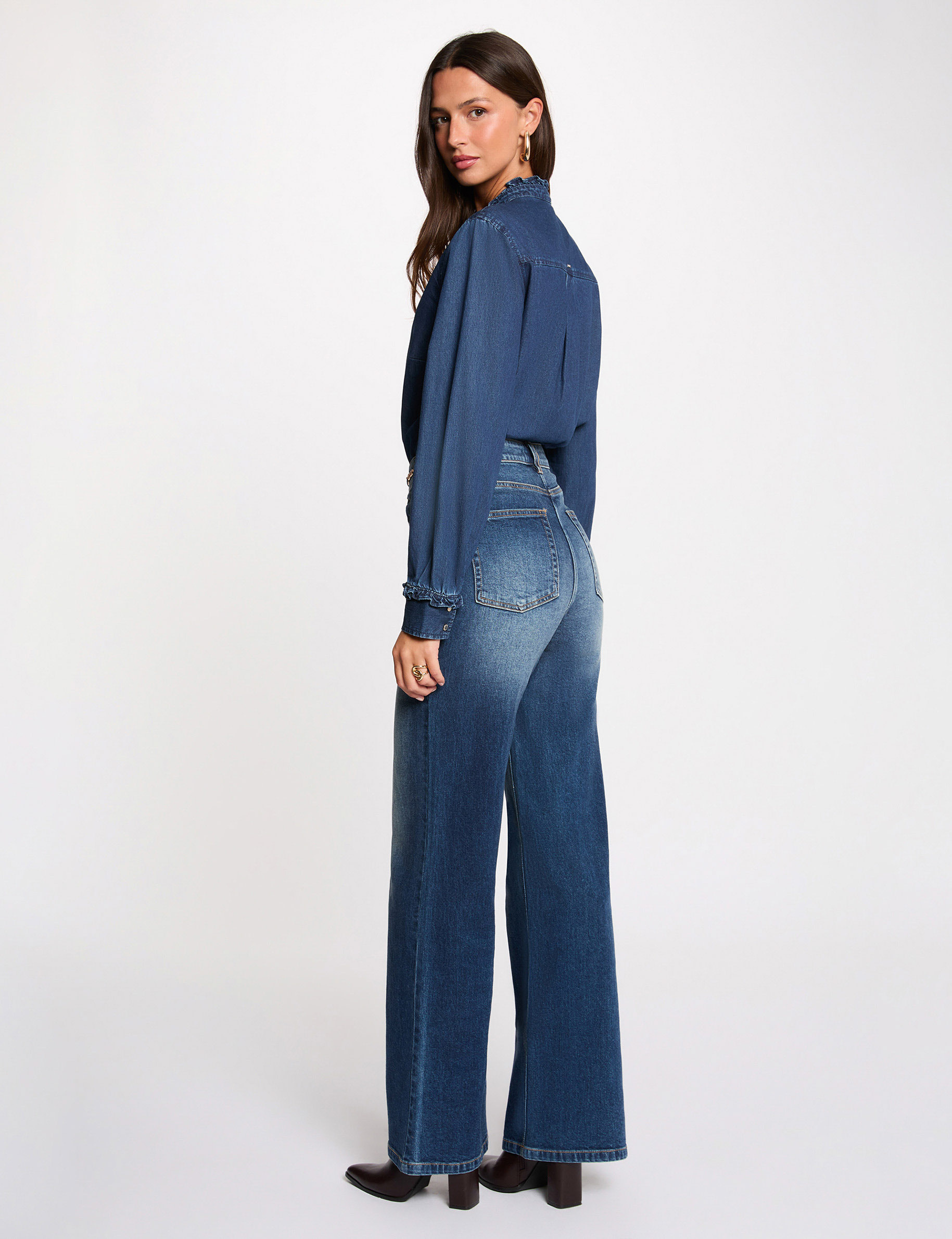 High-waisted wide-leg jeans denim stone women