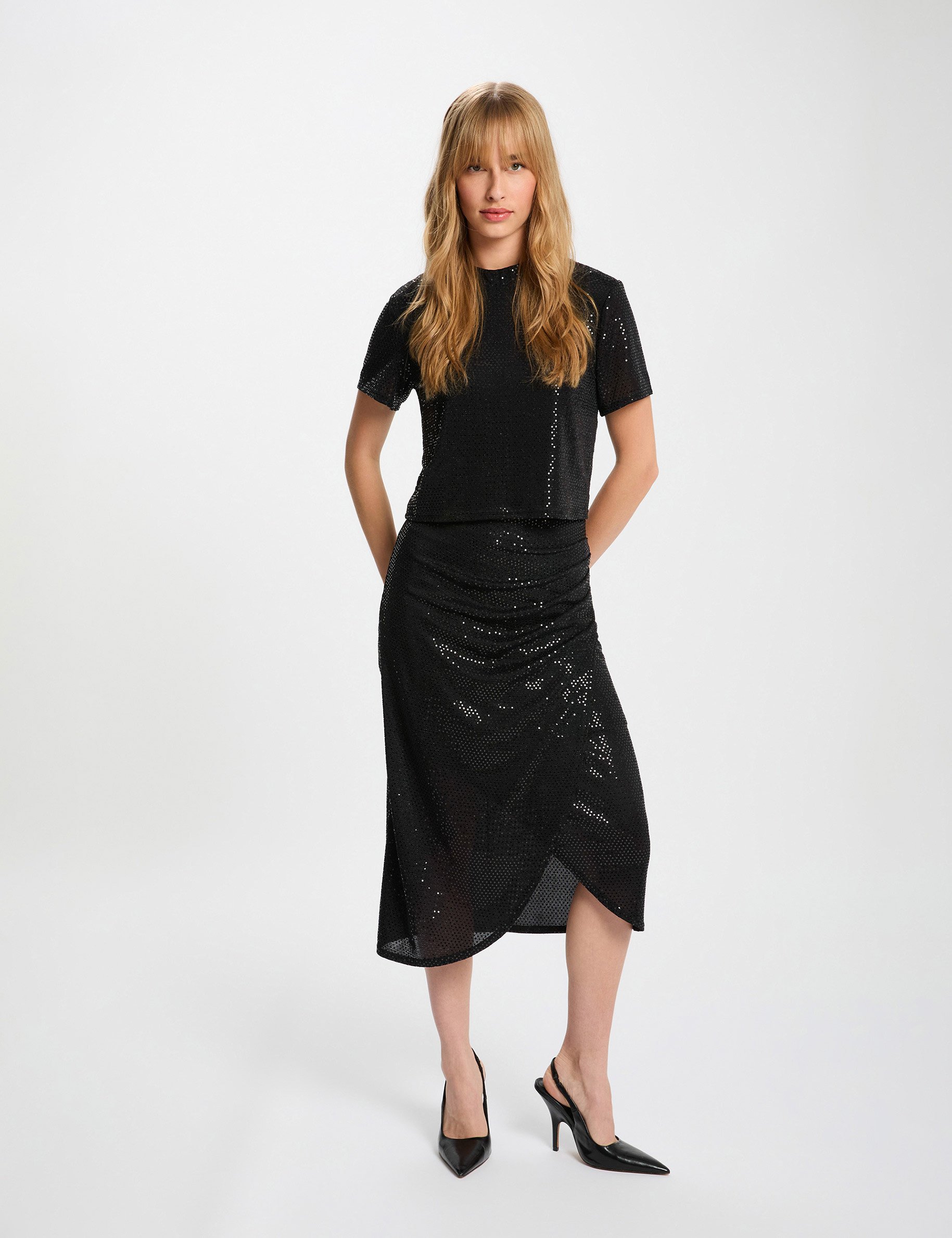 High neck sequin t-shirt black women