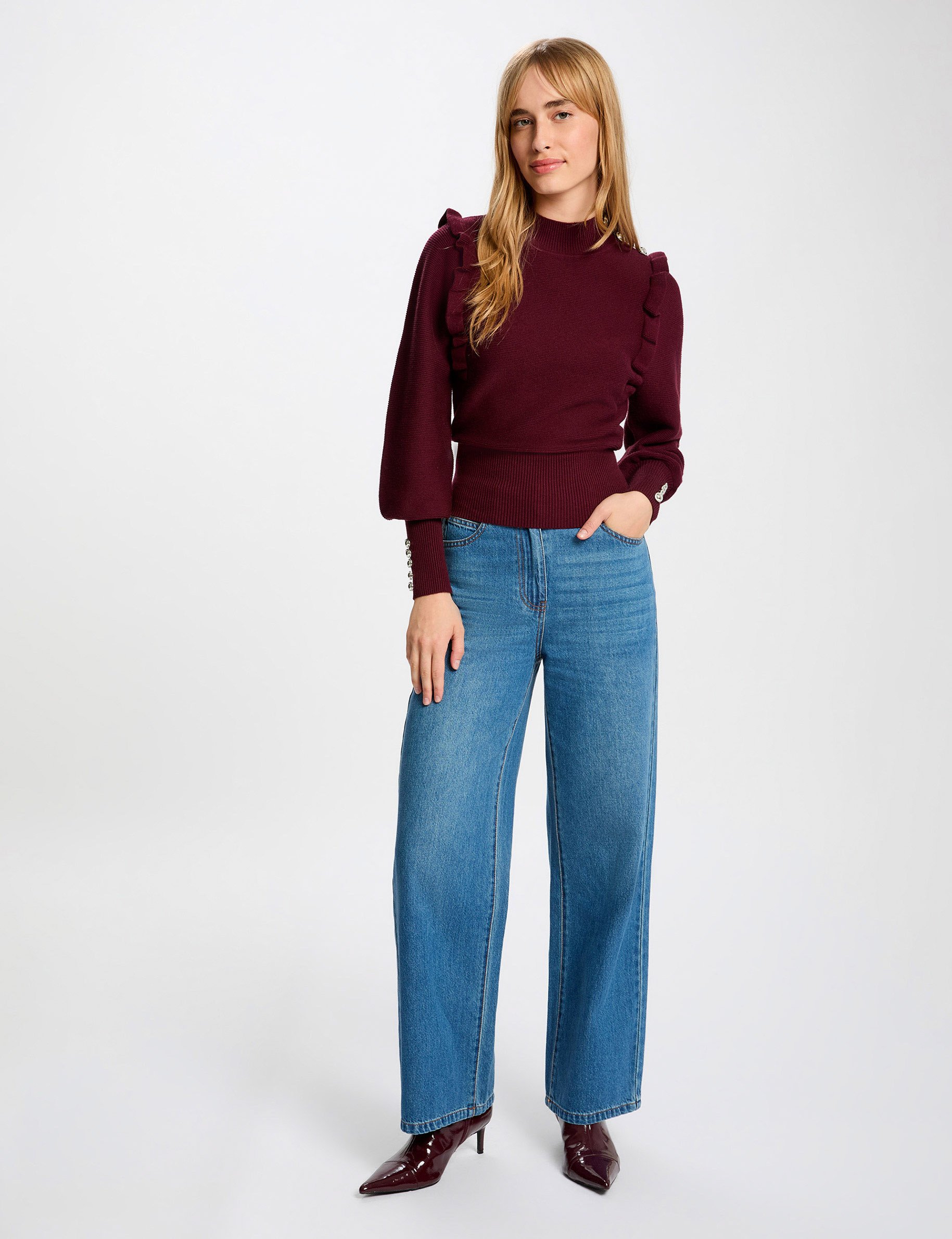 long sleeved jumper with ruffles plum women Long-sleeved jumper with ruffles plum women