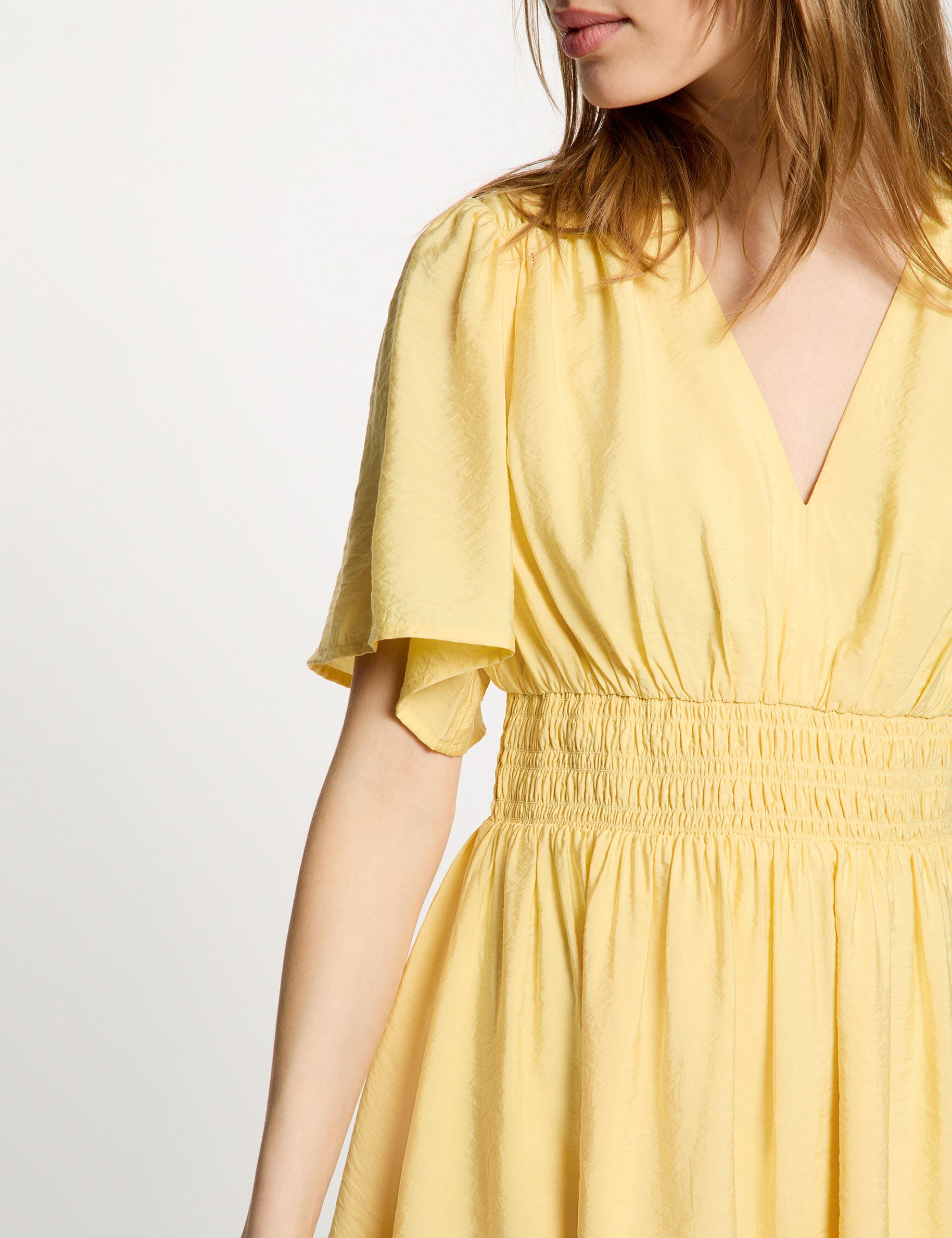 Pleated short dress light yellow women