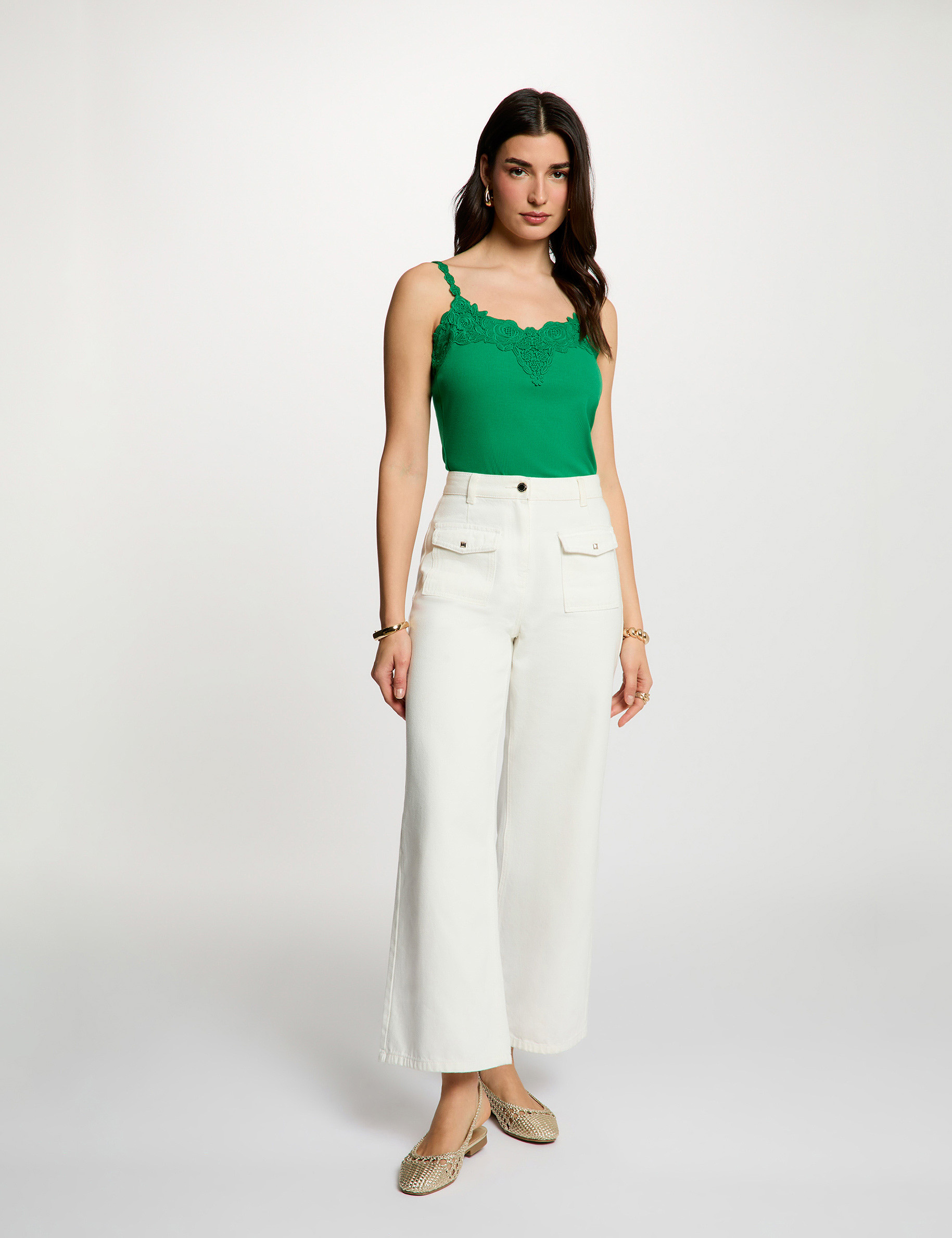 Lace tank top with square neckline meadow green women