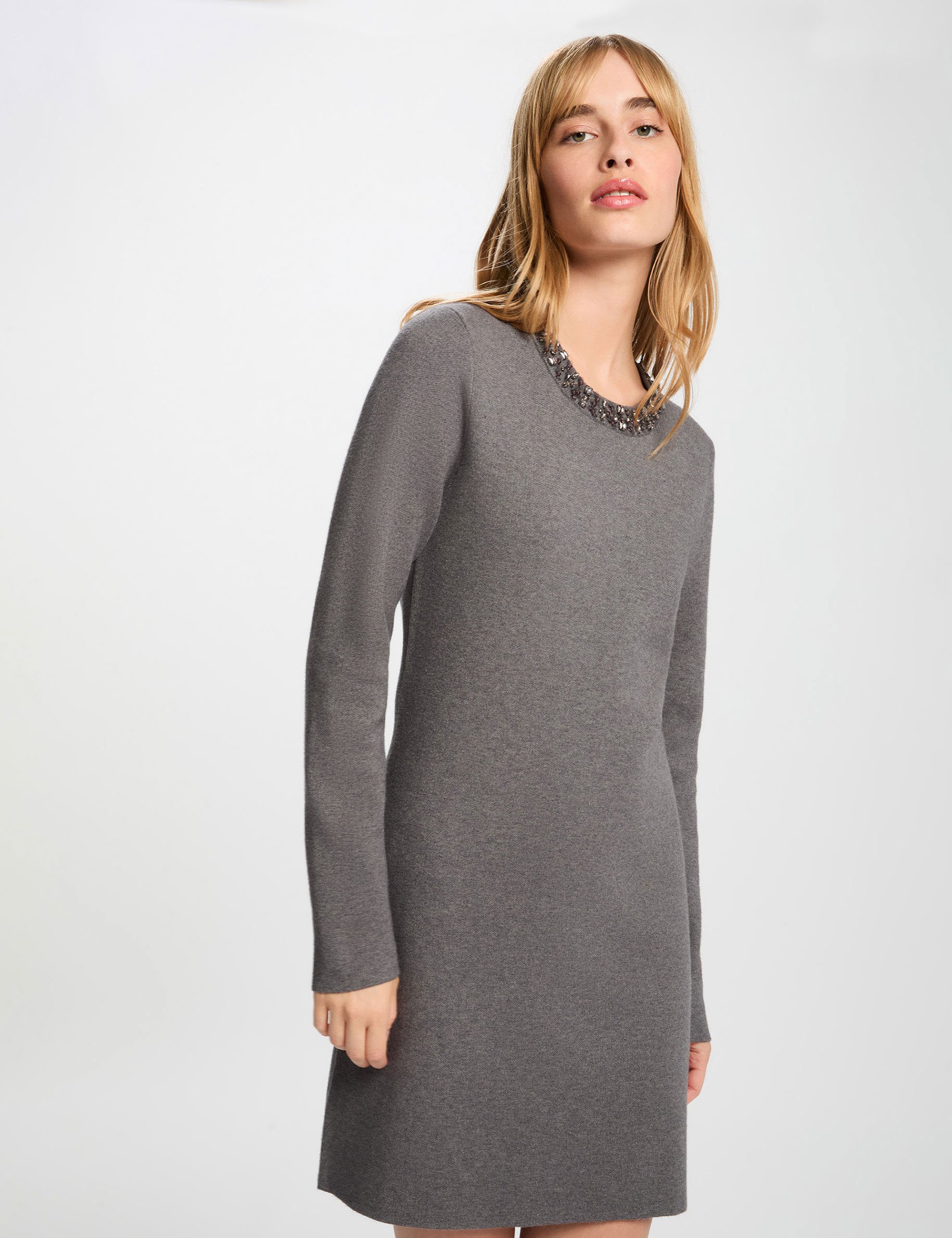 short dress with embellished neck dark grey women Short dress with embellished neck dark grey women