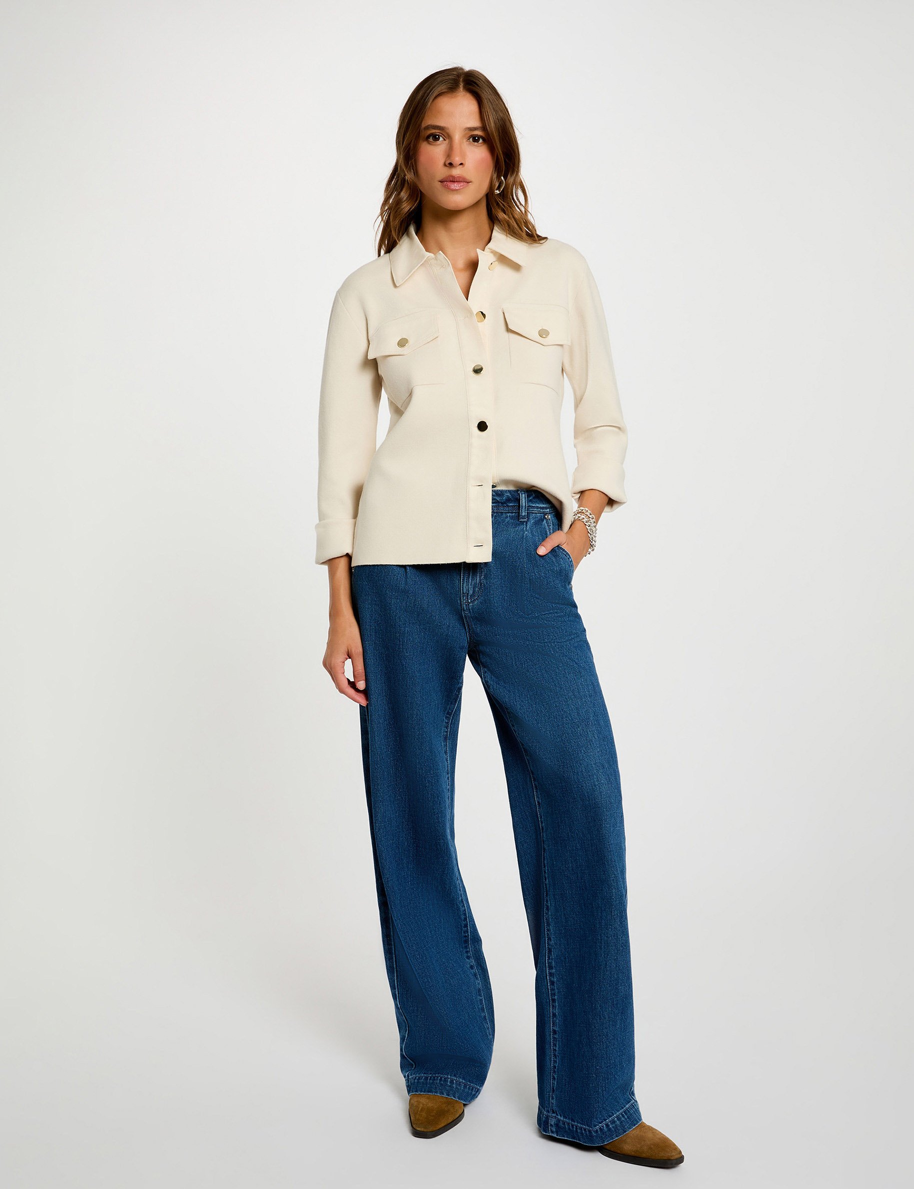 Cropped sweater with turned-down collar ivory women