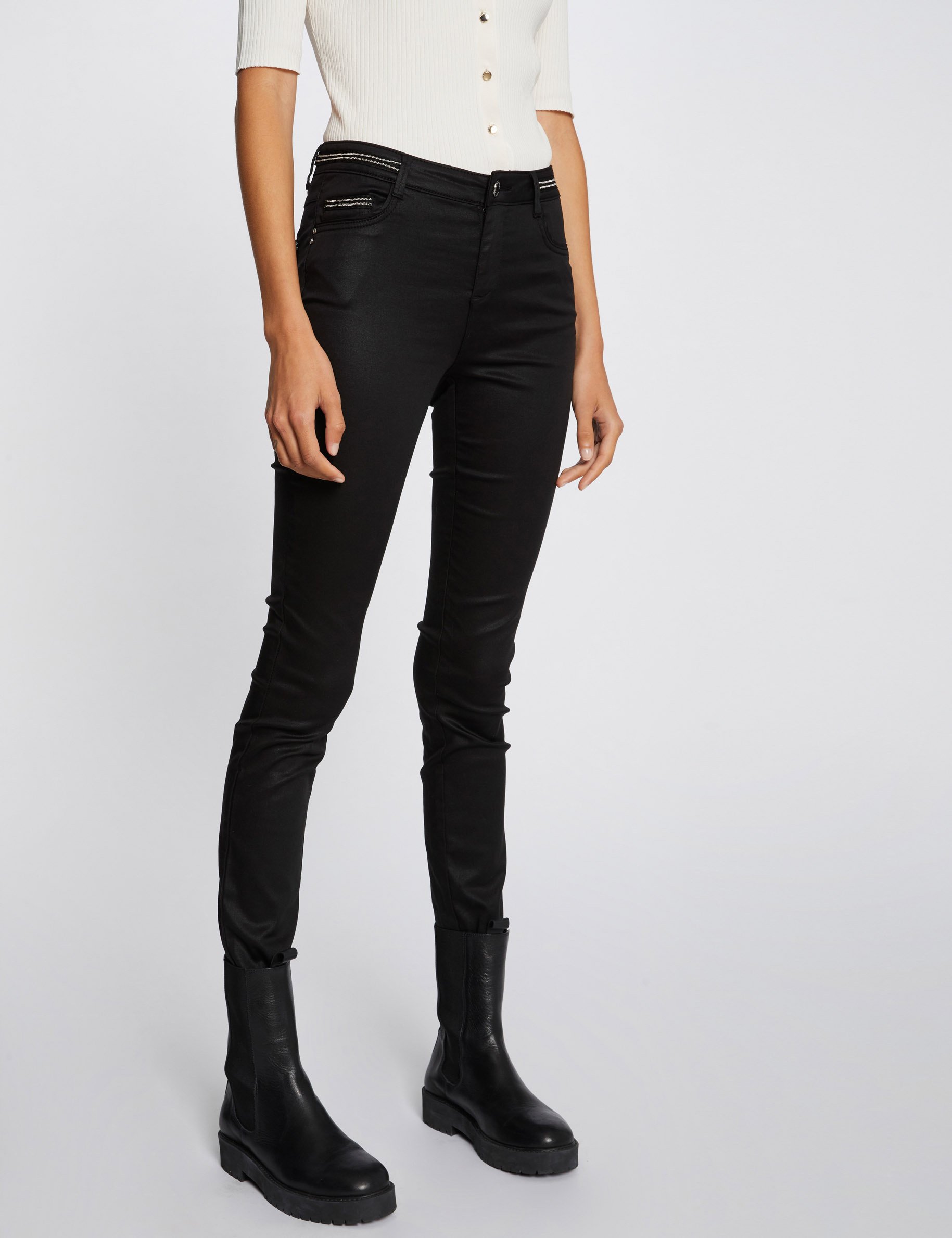 Slim trousers with wet effect black ladies'