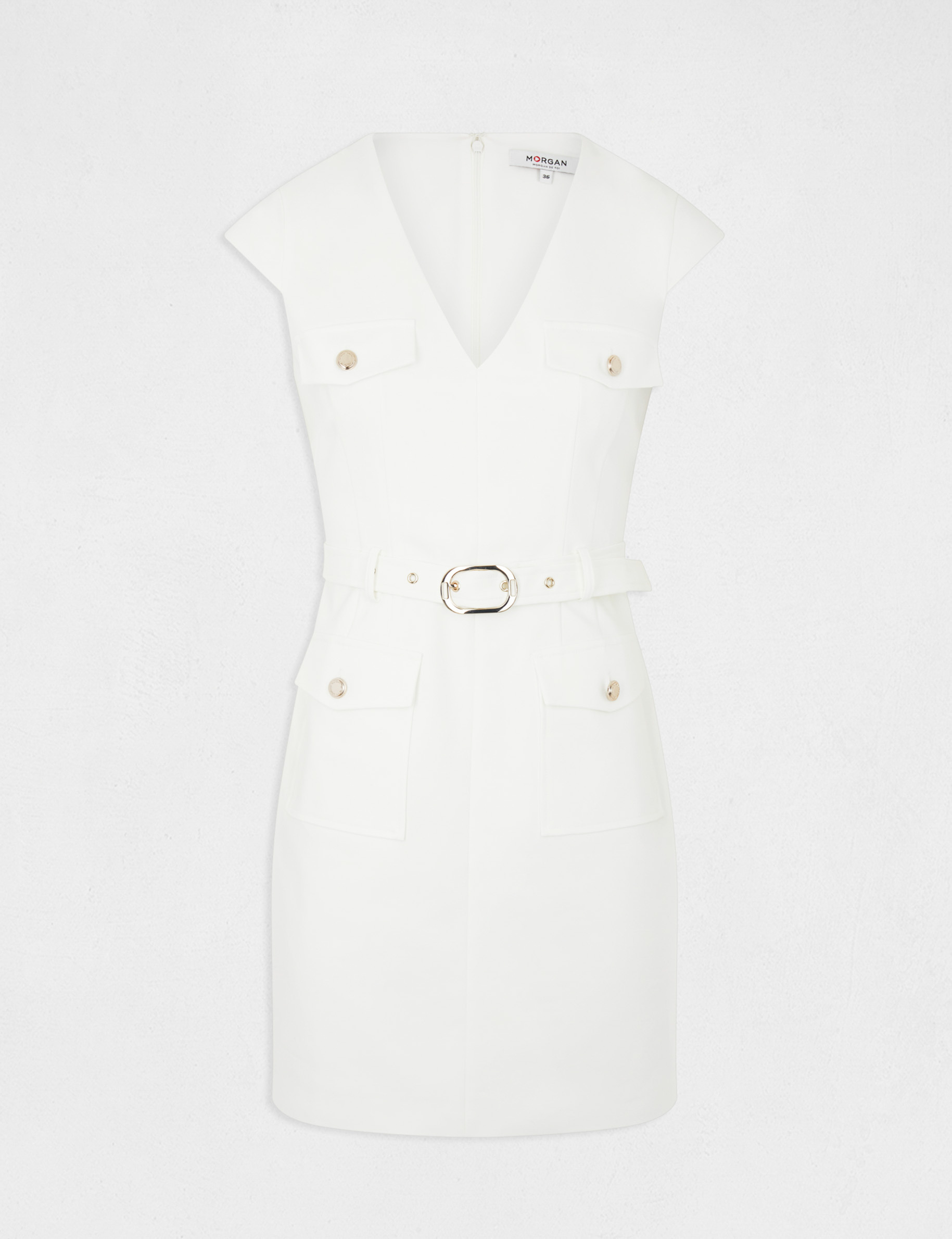 Belted fitted dress with V-neck ecru ladies' Belted fitted dress with V-neck ecru ladies'