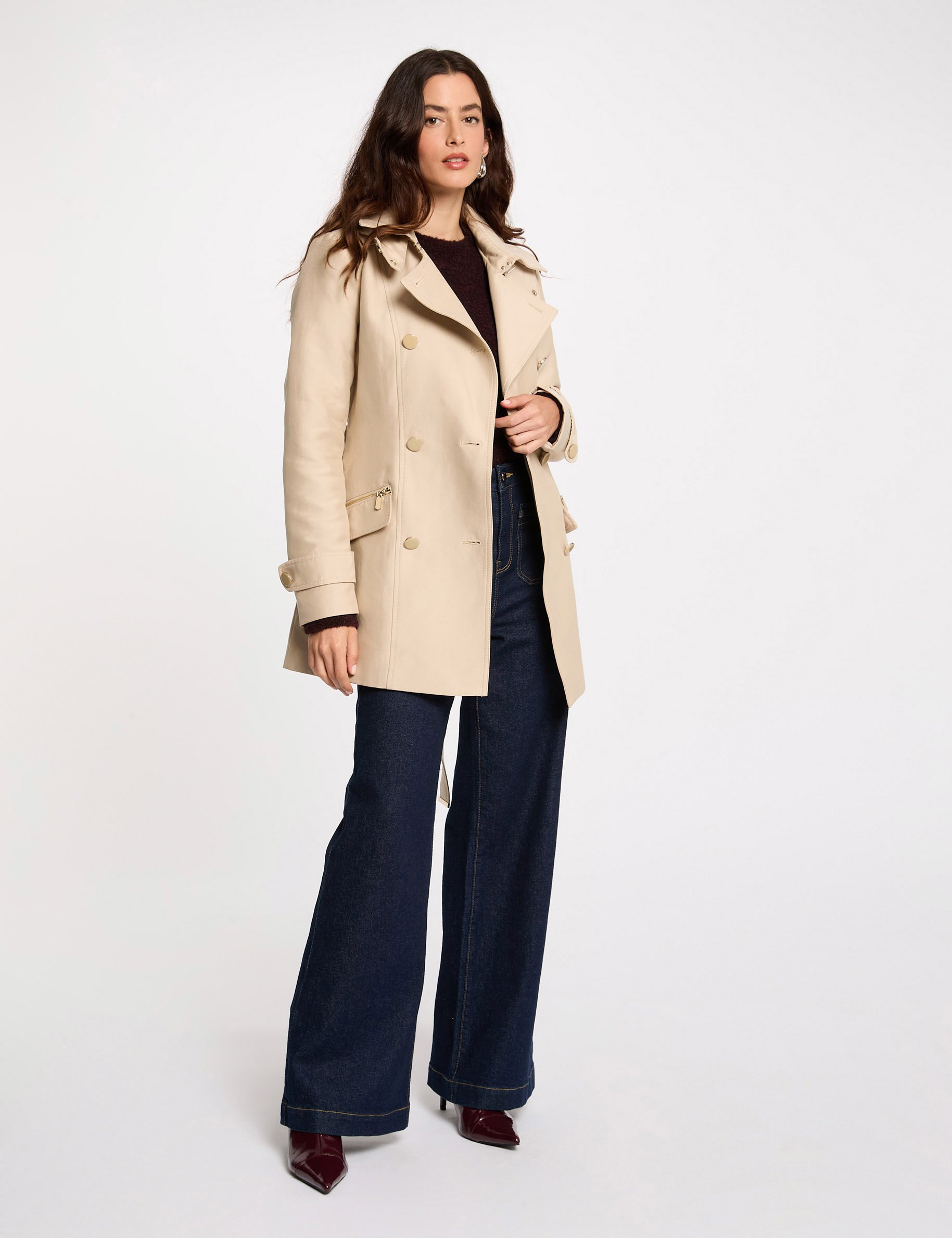 Waisted belted trenchcoat with hood sand women