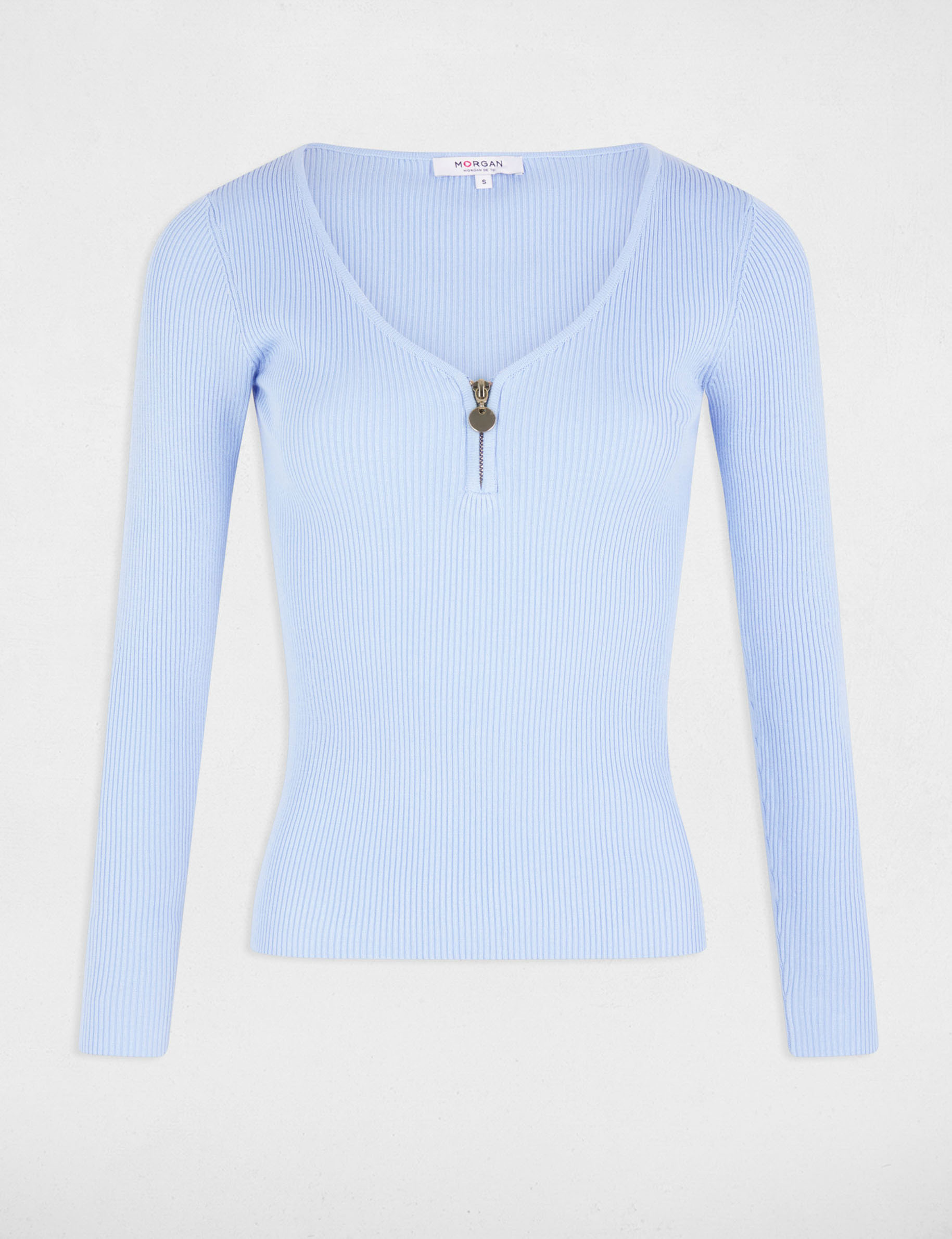 pull manches longues cotele detail zippe bleu ciel femme Pull manches longues côtelé détail zippé bleu ciel femme