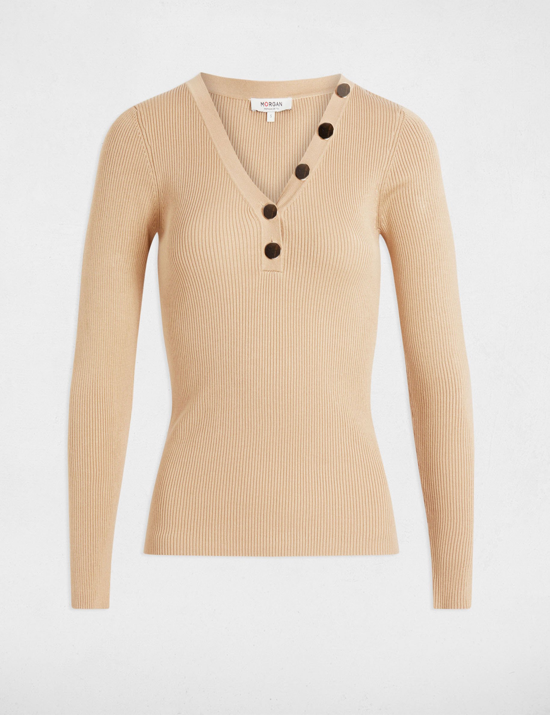 long sleeved jumper buttons fine knit light brown women Long-sleeved jumper buttons fine knit light brown women