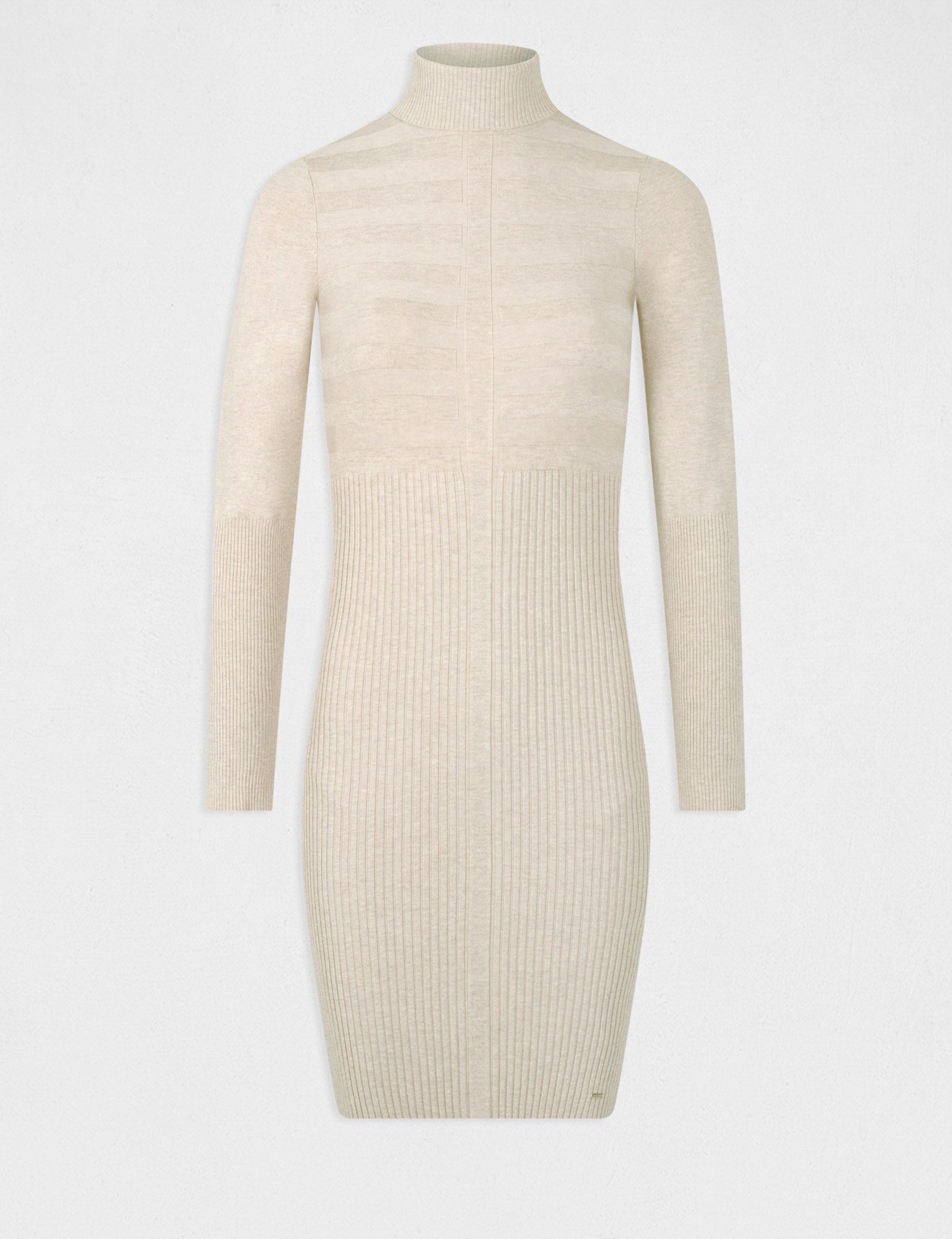 Knitted fitted dress with turtleneck sand women