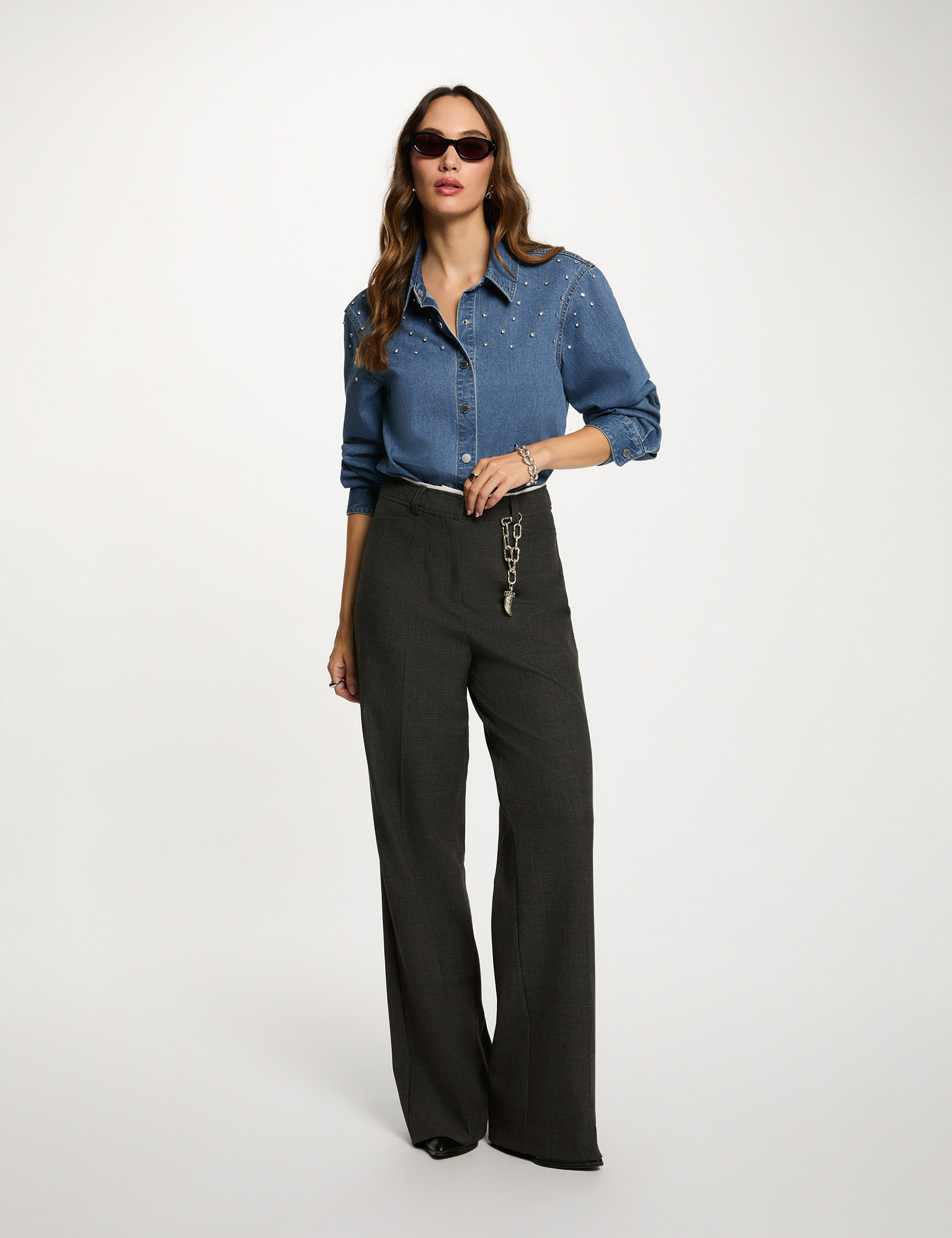 cropped shirt with studs stone wash denim women Cropped shirt with studs stone wash denim women