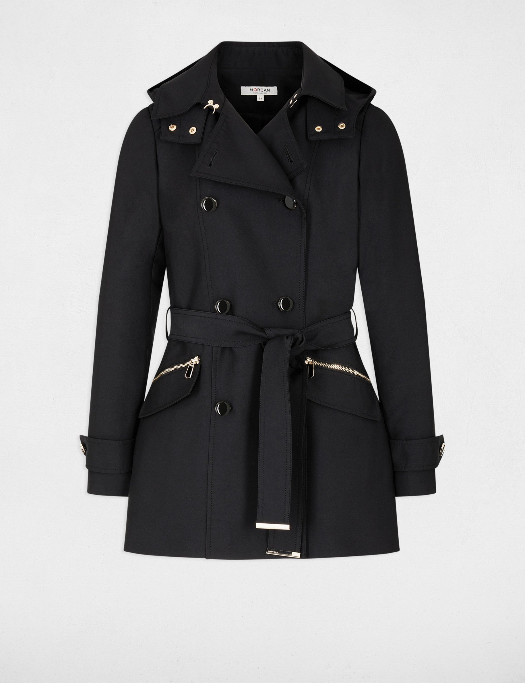 Waisted belted trenchcoat with hood black women