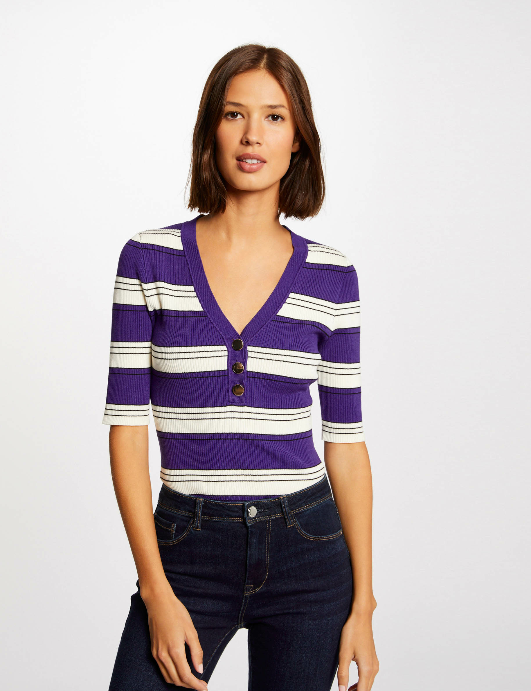 short sleeved jumper with stripes purple women Short-sleeved jumper with stripes purple women