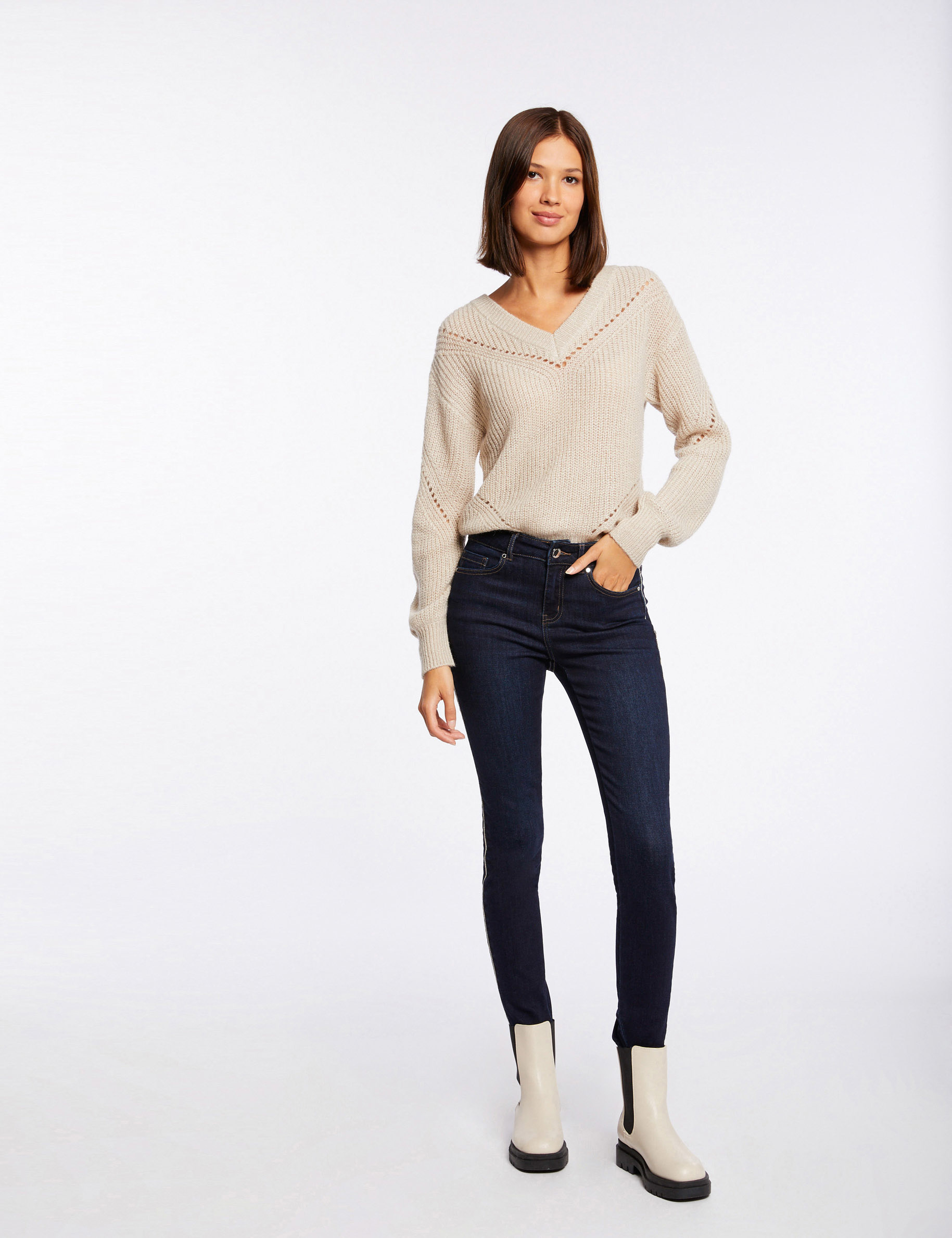 Slim jeans with rhinestones strips raw denim ladies' Slim jeans with rhinestones strips raw denim ladies'