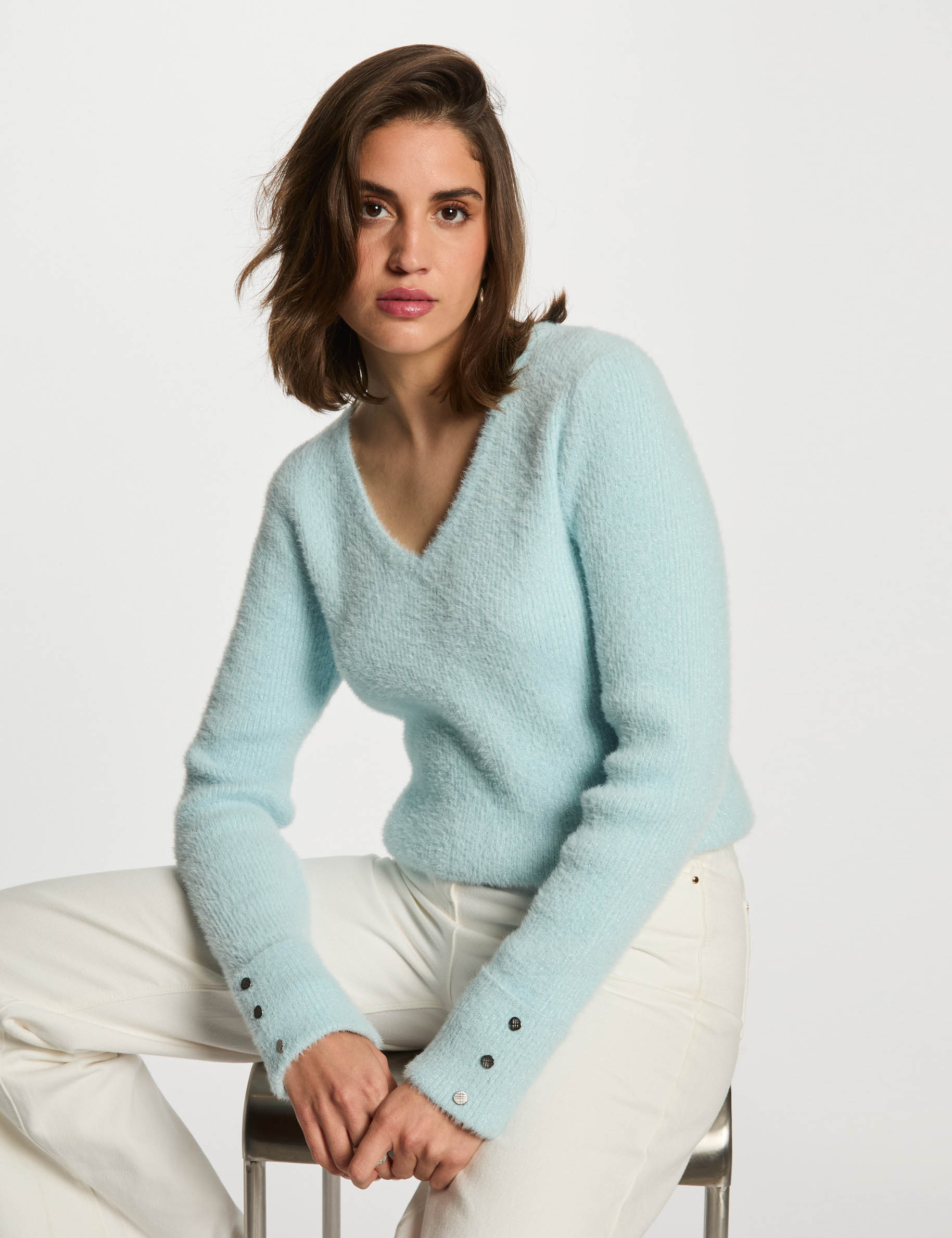 pull manches longues avec col en v bleu ciel femme Pull manches longues avec col en V bleu ciel femme
