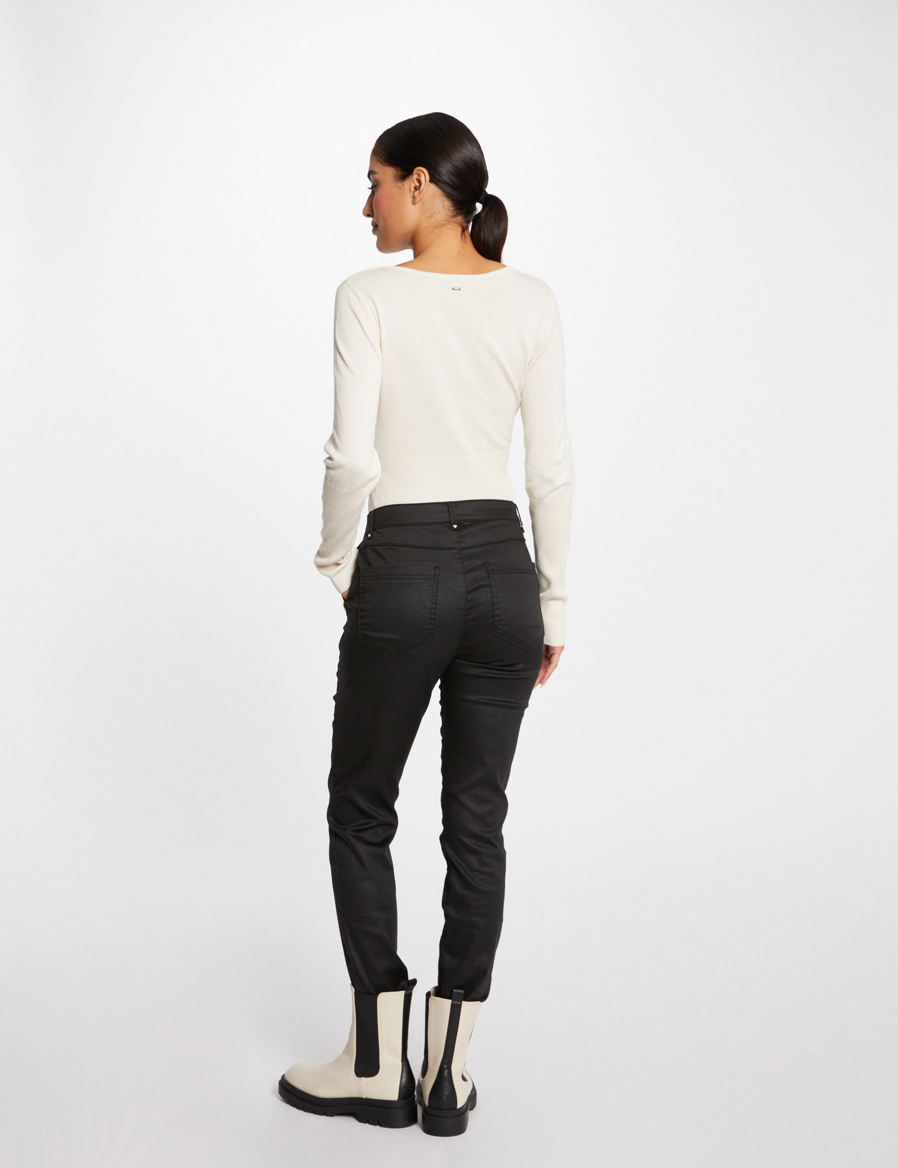 Slim trousers wet effect with buttons black ladies'