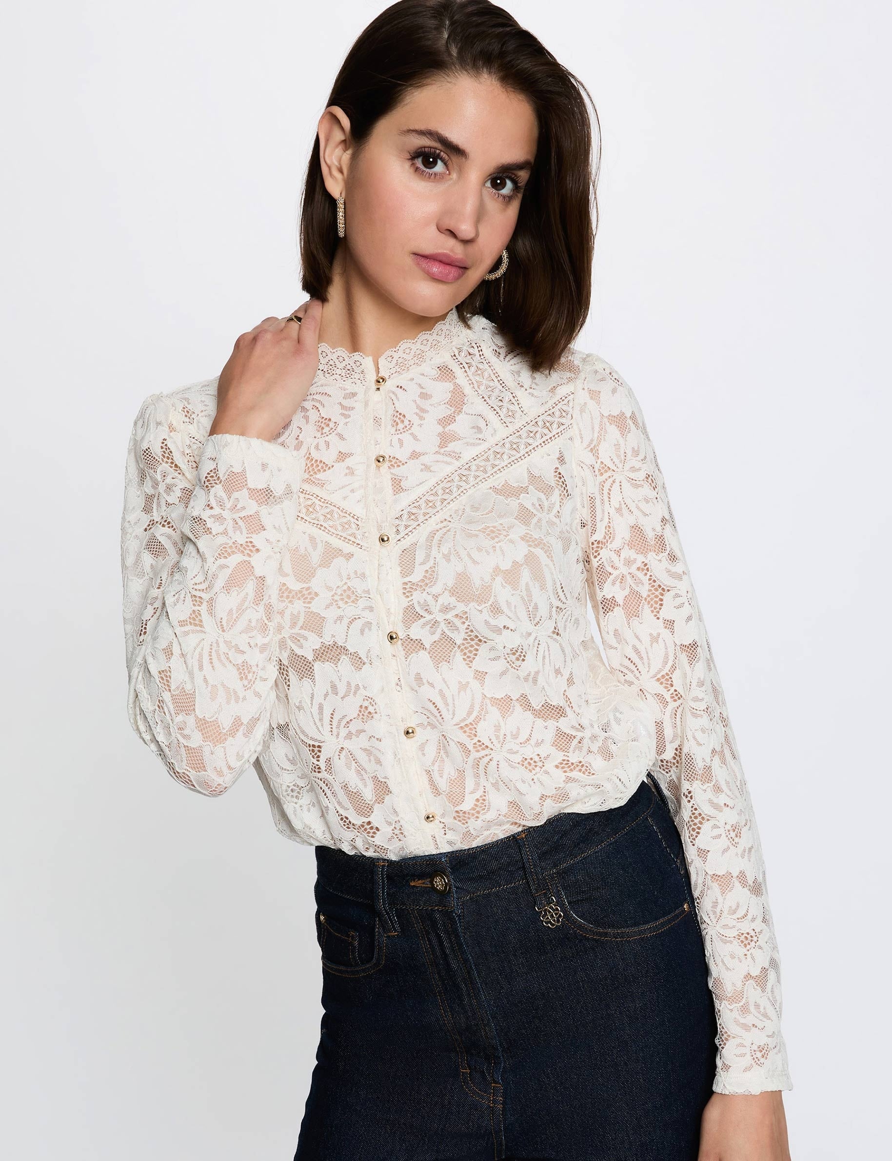 Lace high neck t-shirt ivory women