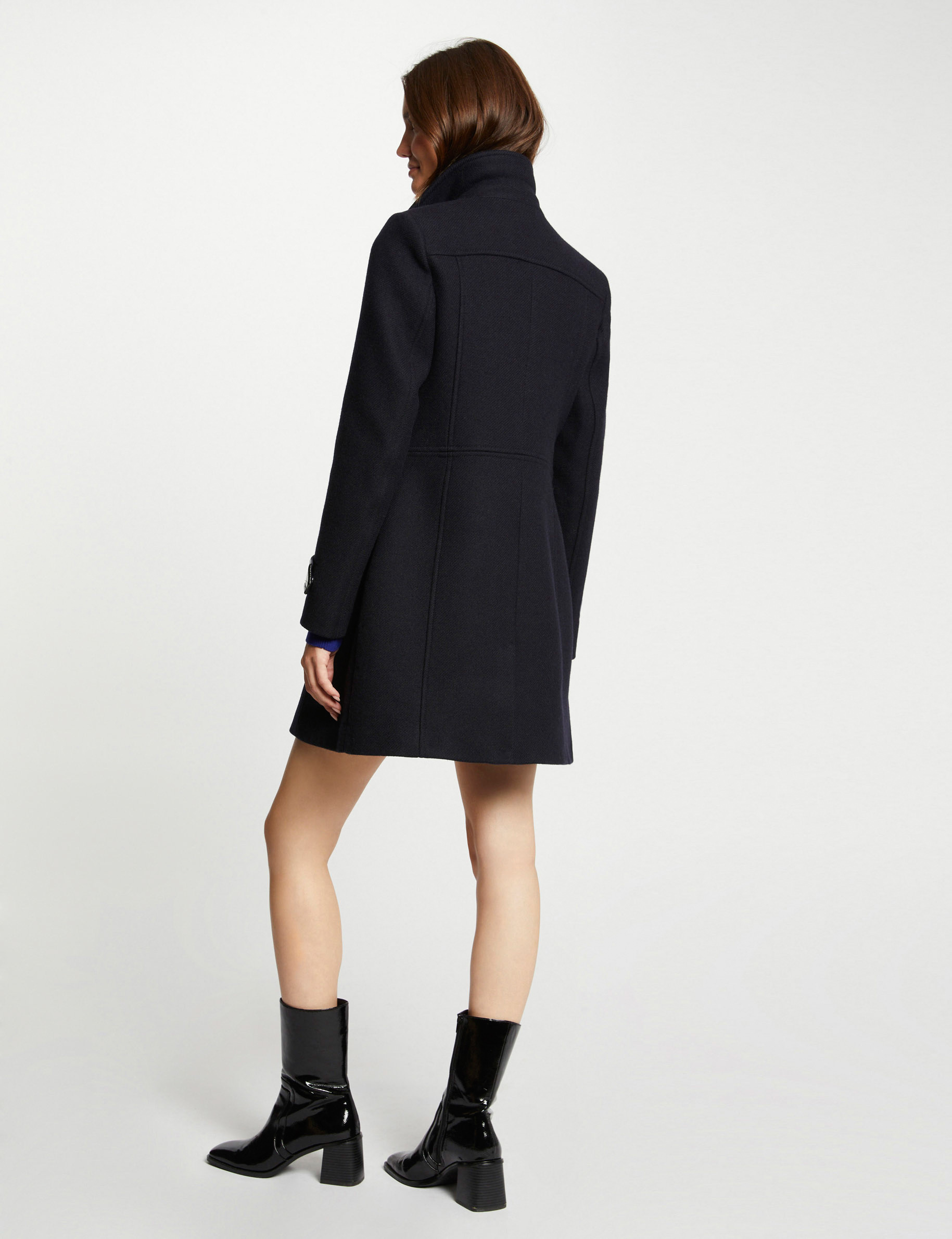 Straight coat faux leather details navy ladies'