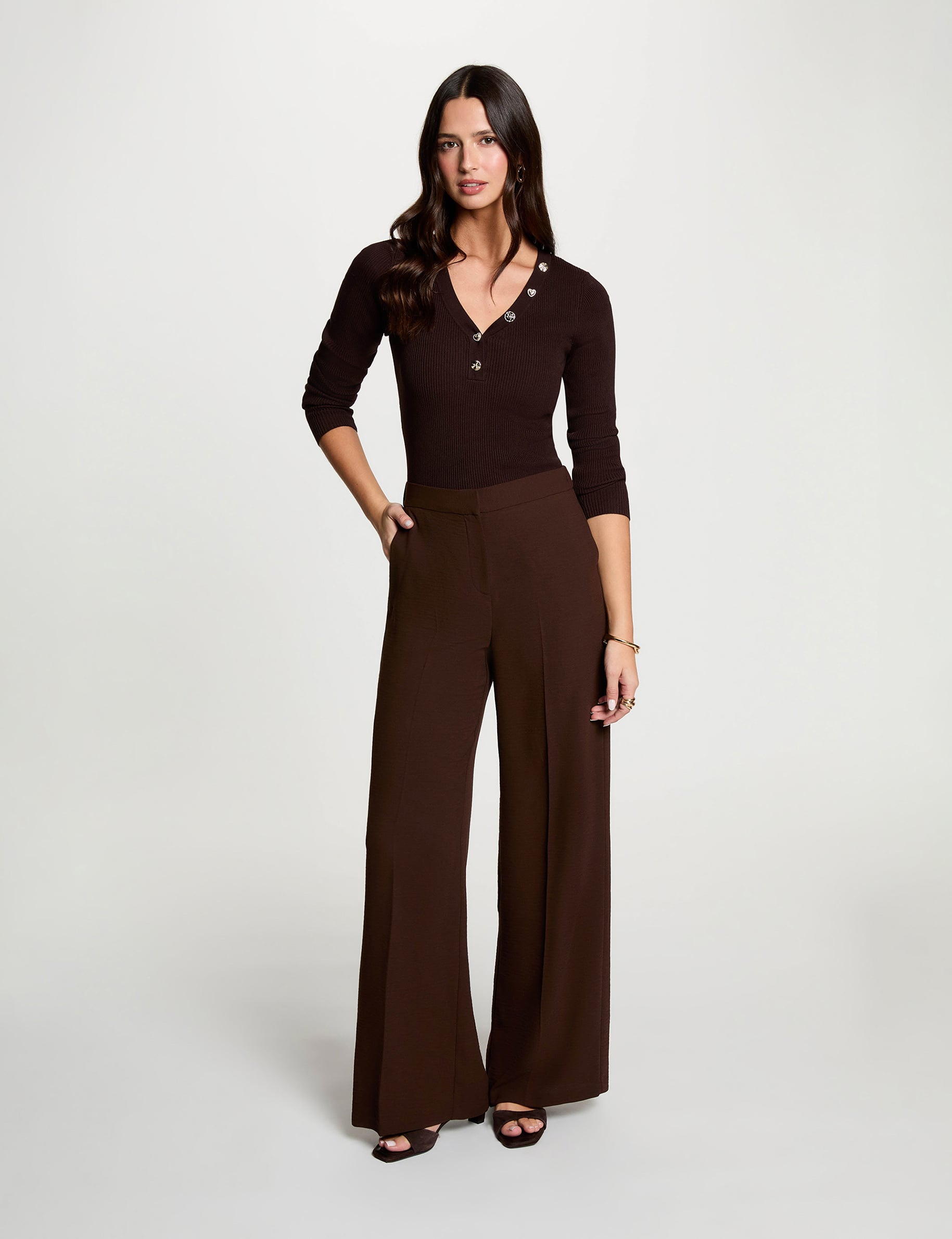 Flowy wide-leg trousers dark brown women