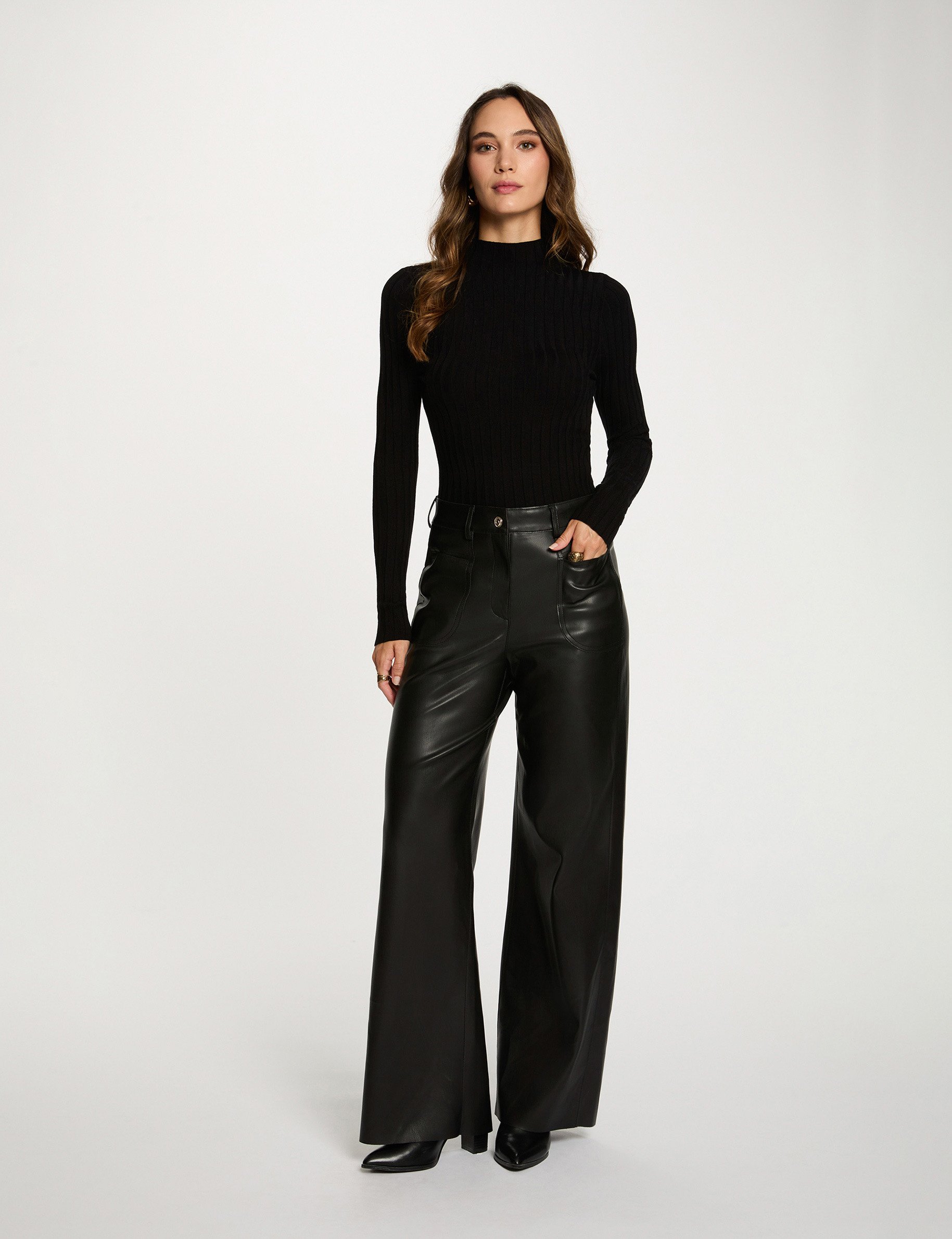 high waisted wide leg trousers black women High-waisted wide-leg trousers black women