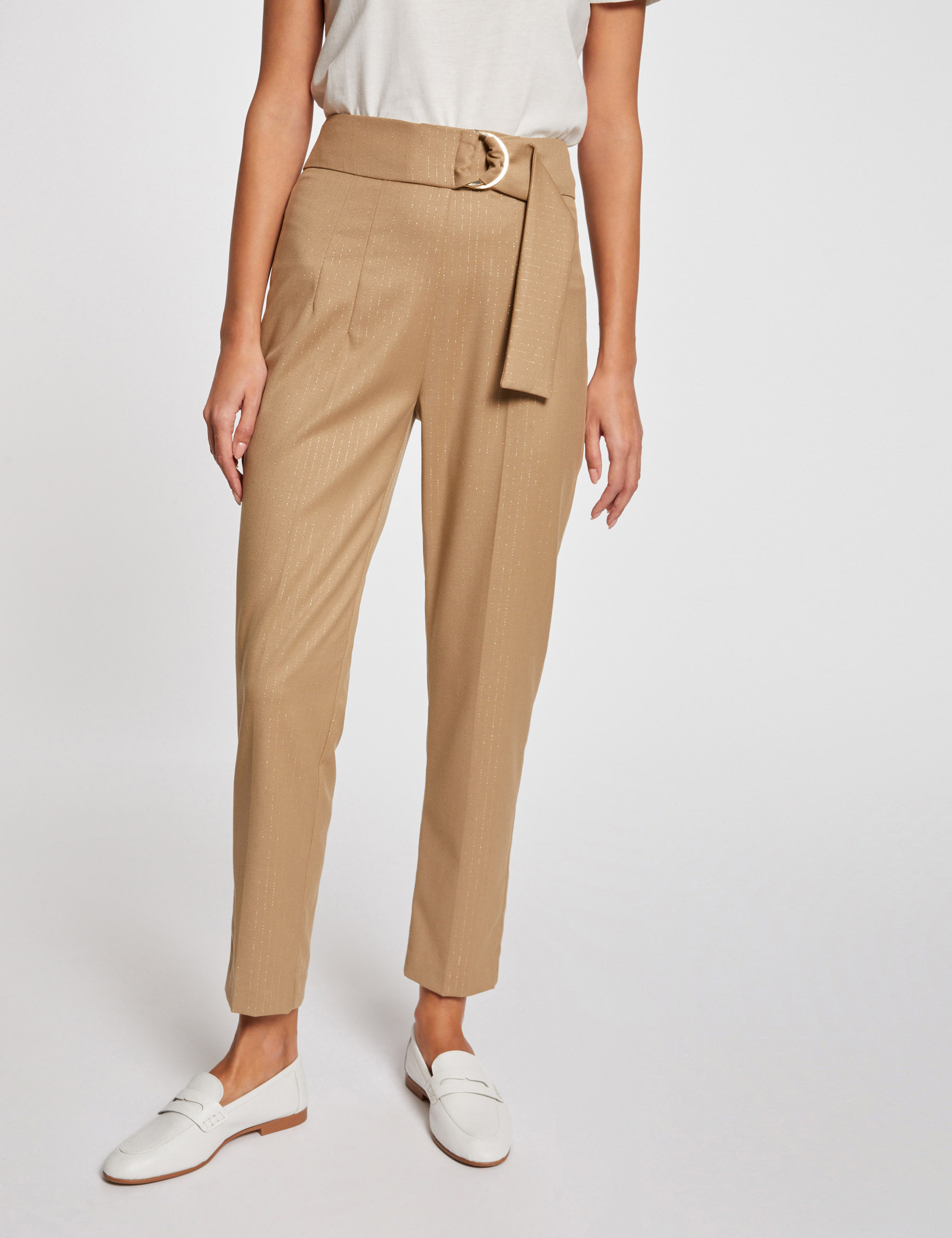 Fitted trousers with stripes camel ladies'