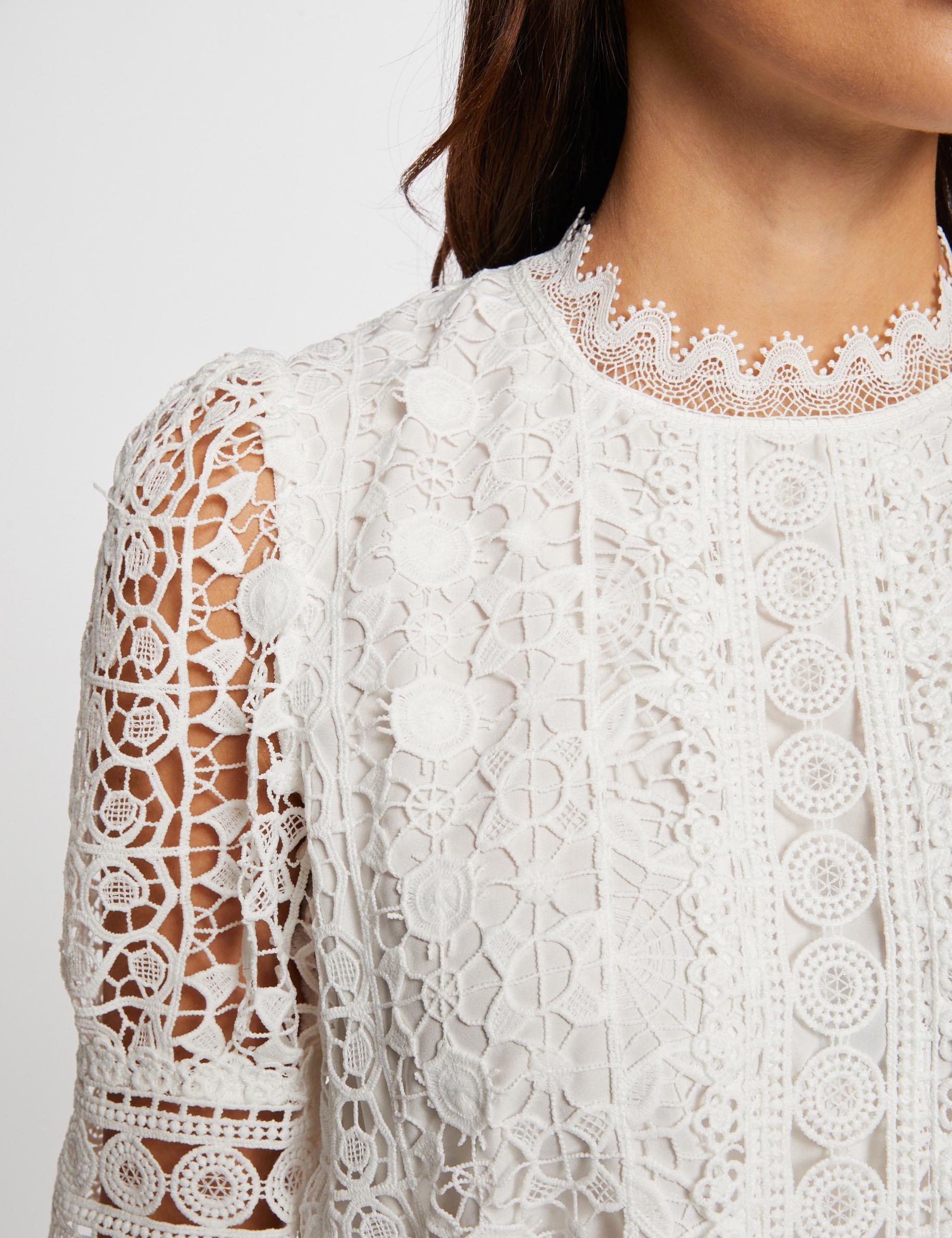 Short-sleeved blouse with lace ivory women